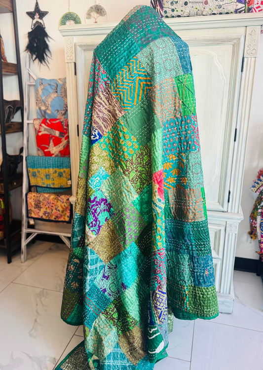 Silk Patchwork Quilt – Royal Green – Twin/Throw – Handmade Kantha | Silk & Cotton