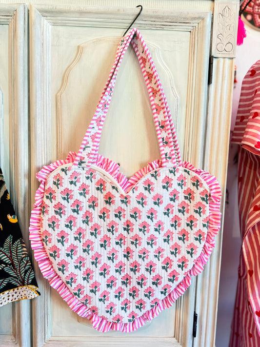 Rosebud Whimsy Heart Tote – Handmade Quilted Cotton Bag with Zipper & Frill Detail | Romantic Gift