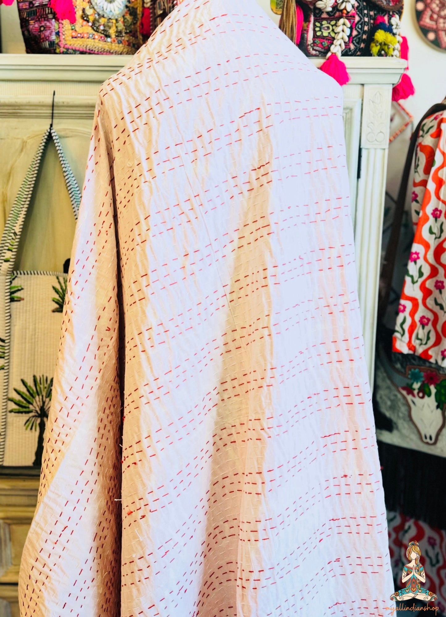 Hot Pink Kantha Quilt | Botanical Block Print Throw | Twin Size