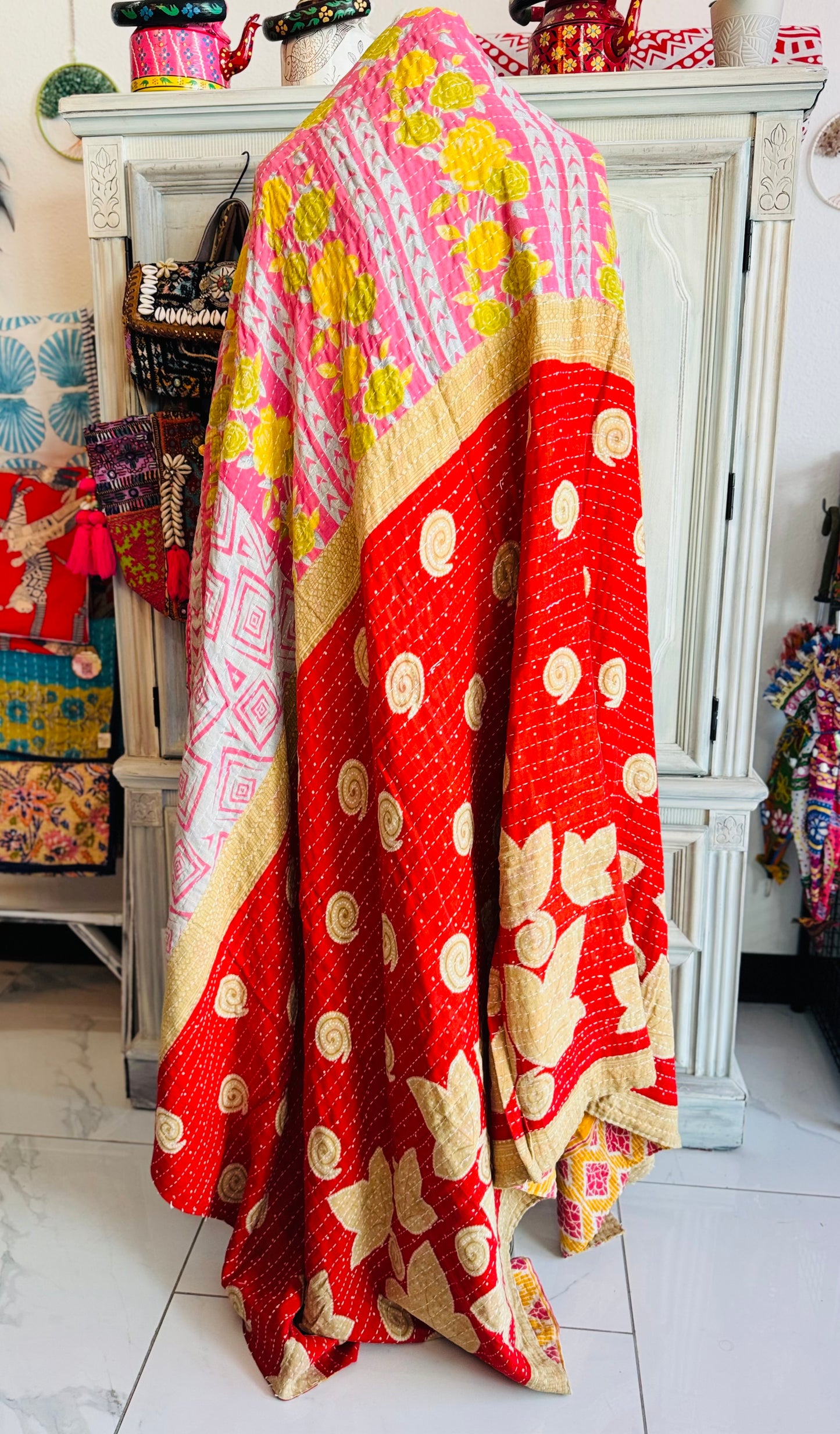Yellow Flowers Saree Kantha Quilt – Twin Size - Throw Blanket