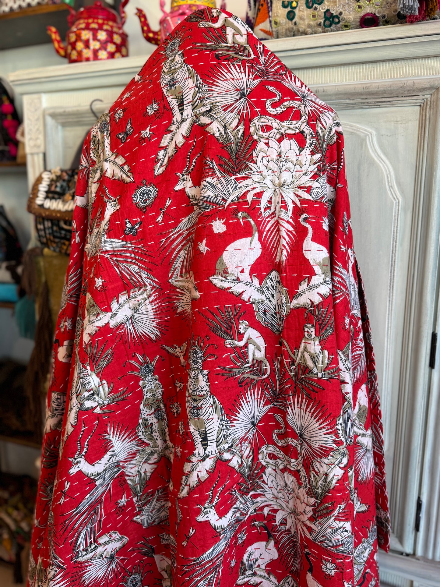 Jungle Print- Red- Handblock Printed Kantha Quilt | Cotton | Handmade
