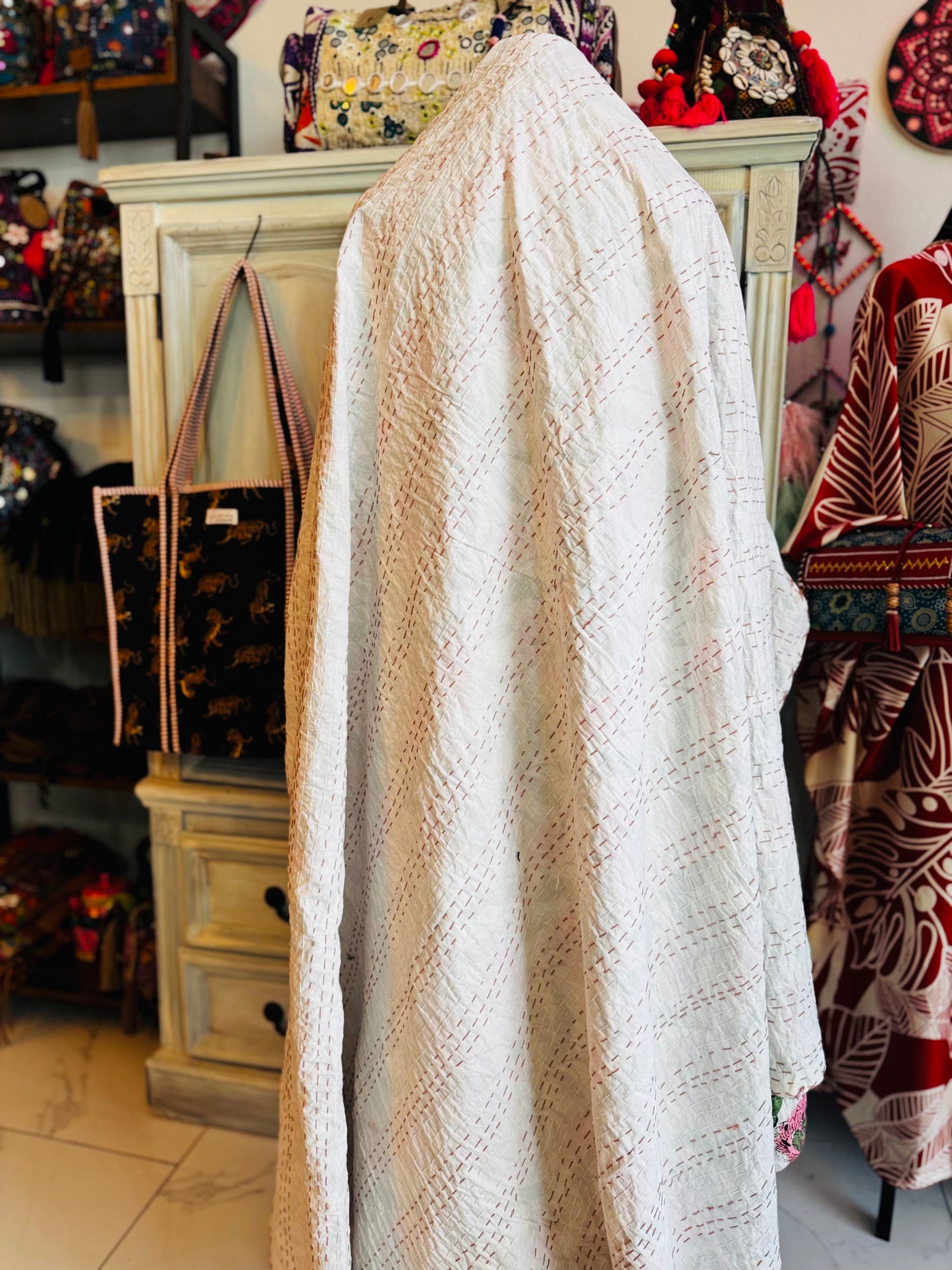 Blush Meadow – Pink Floral Handblock Printed Kantha Quilt | 100% Cotton | Handmade