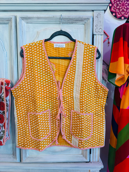Handmade Reversible Kantha Vest – Honey | 100% Cotton Jacket