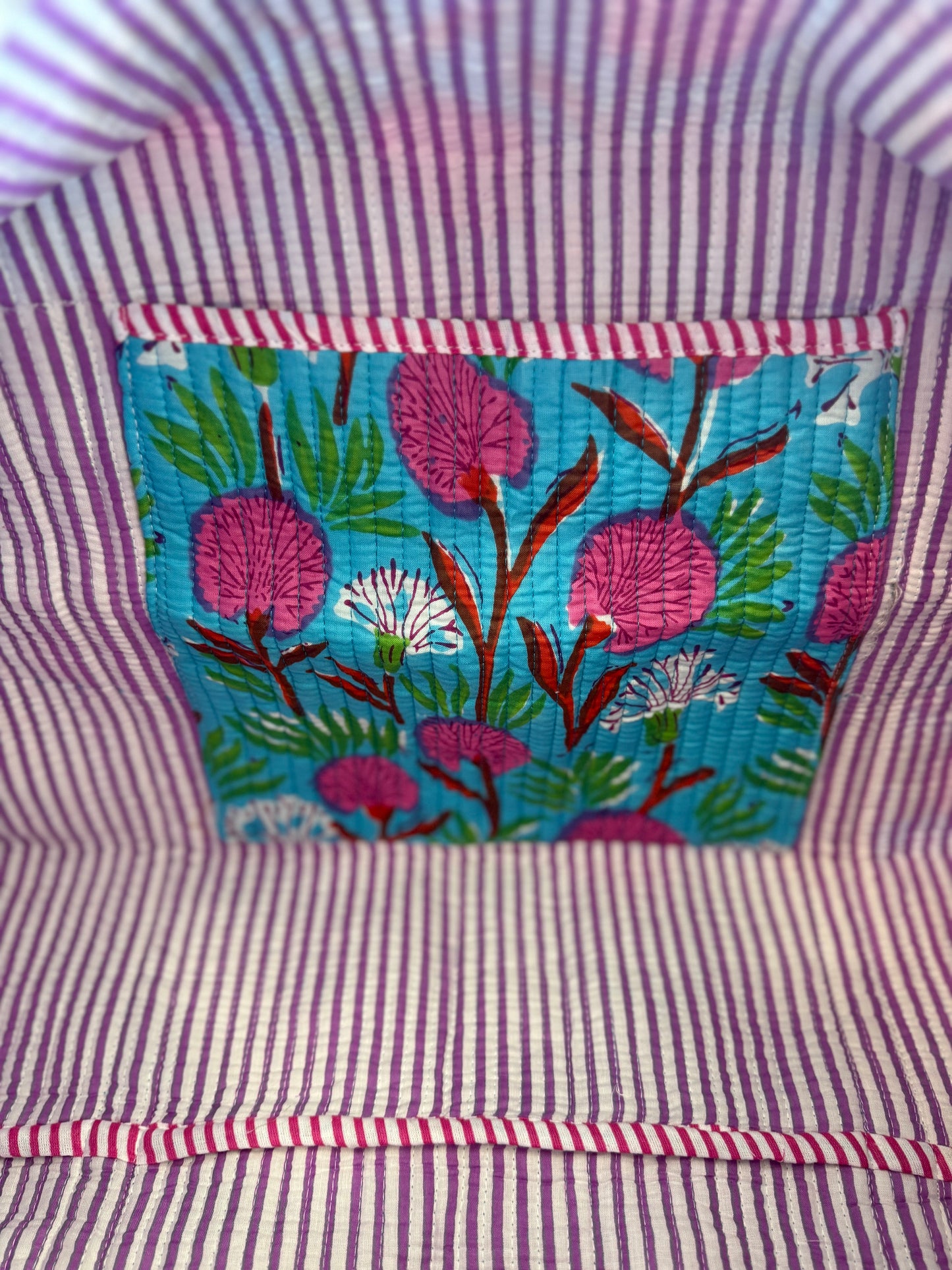 Handmade Quilted Weekender Bag – Blue Floral Print Travel Duffel