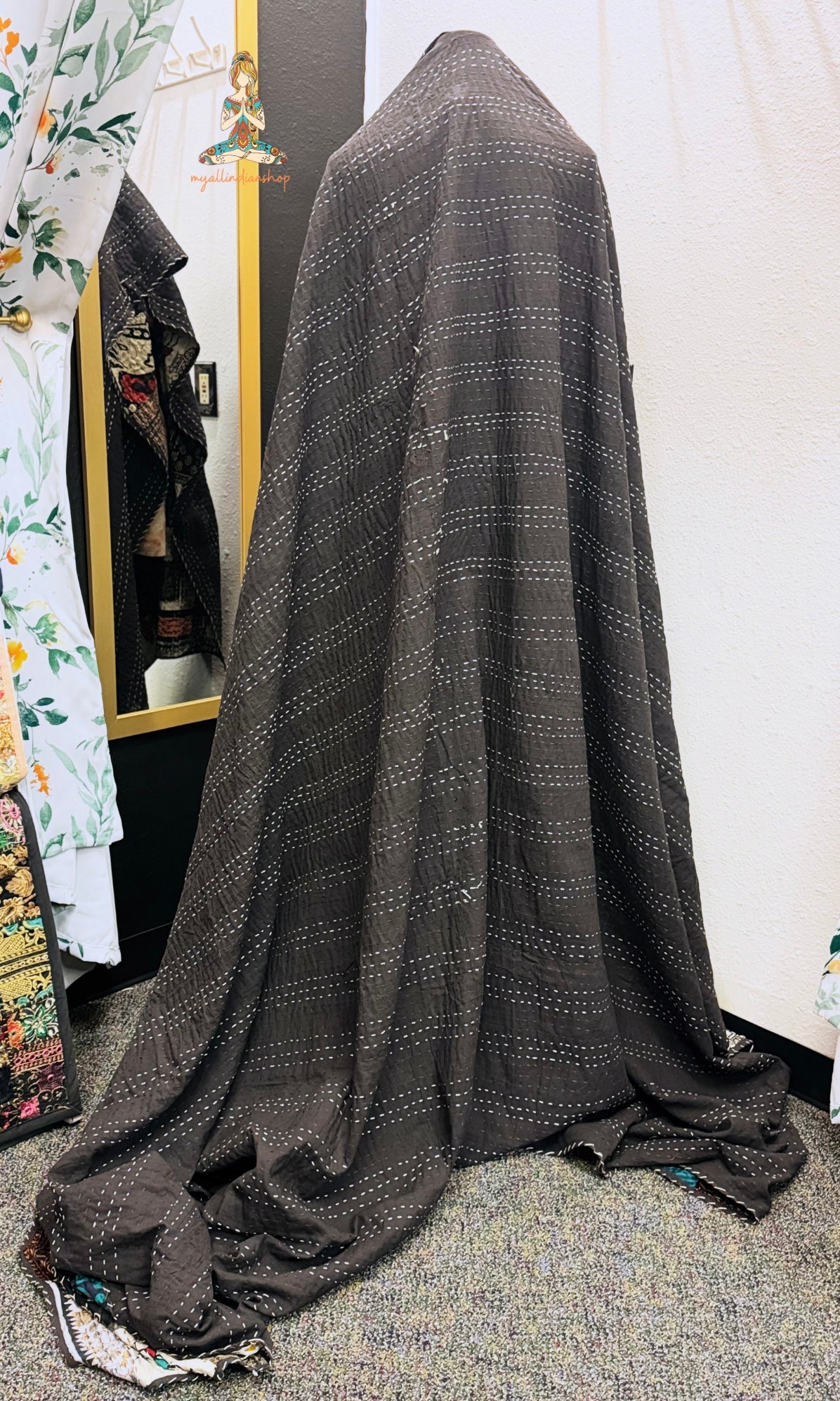 Silk Patchwork Kantha Quilt - Black Tribal - Handmade | Silk | Cotton | Queen | King