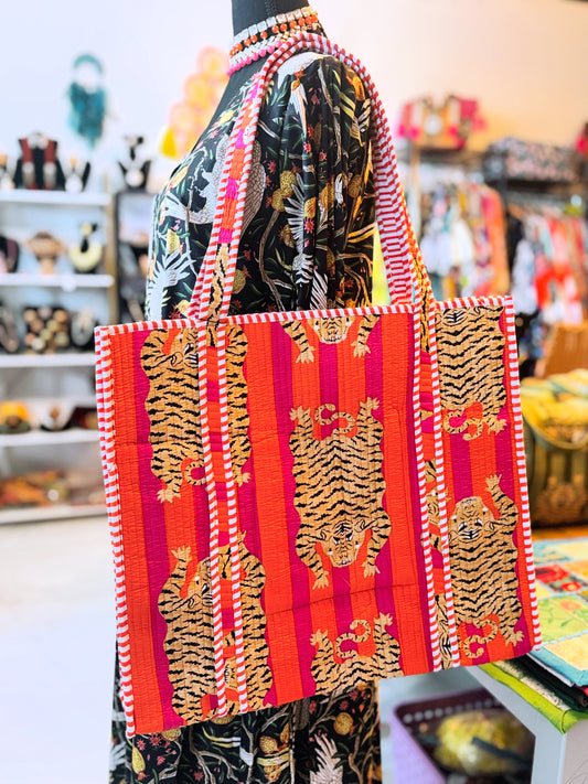 Saffron Tiger Flame Quilted Tote – Orange Tiger Print Cotton Tote Bag, Hand Block Printed, Large Reversible Shopper with Pocket