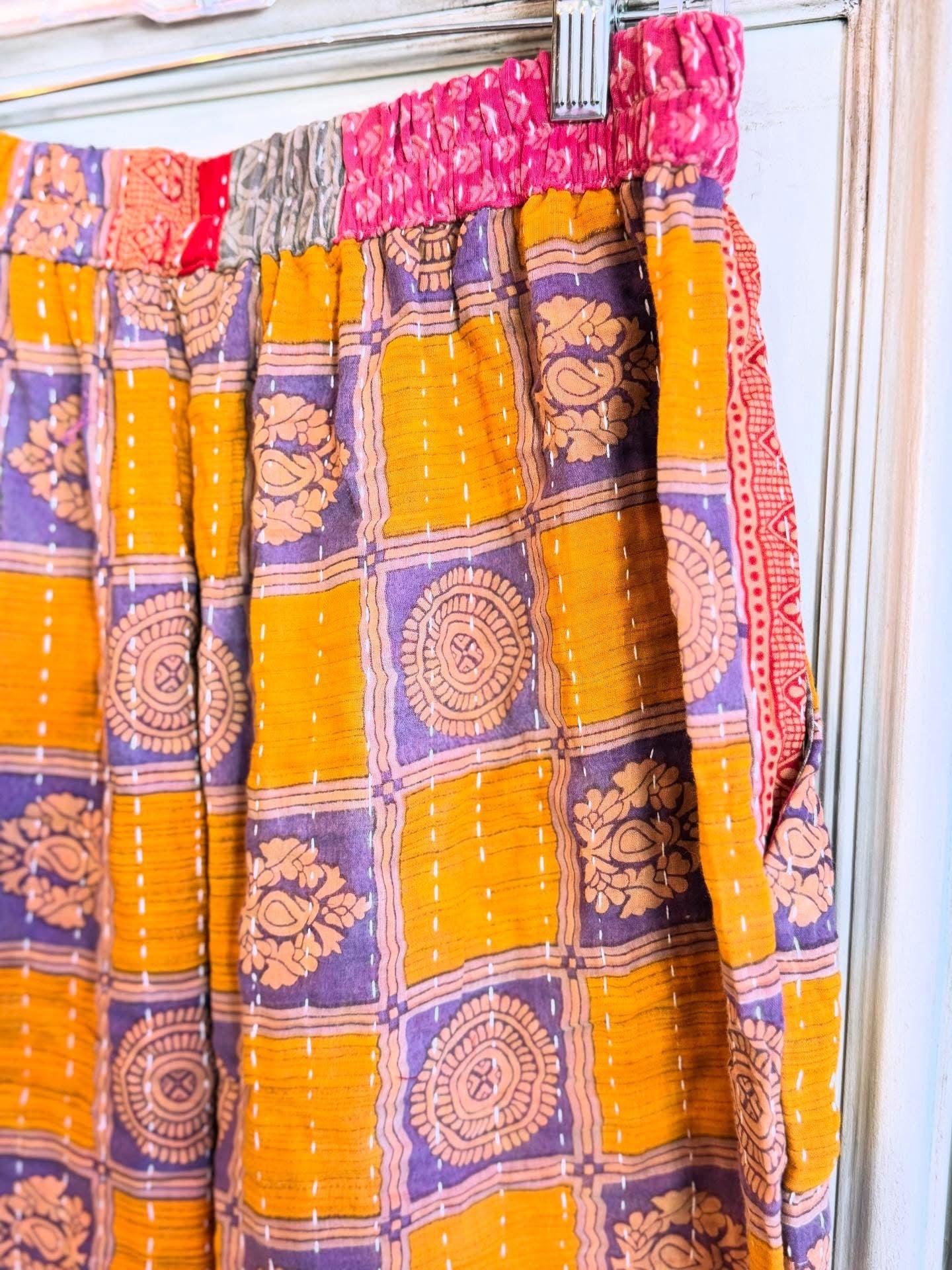 Saffron Squares – Handmade Kantha Cotton Pants | Wide Leg Boho Trousers