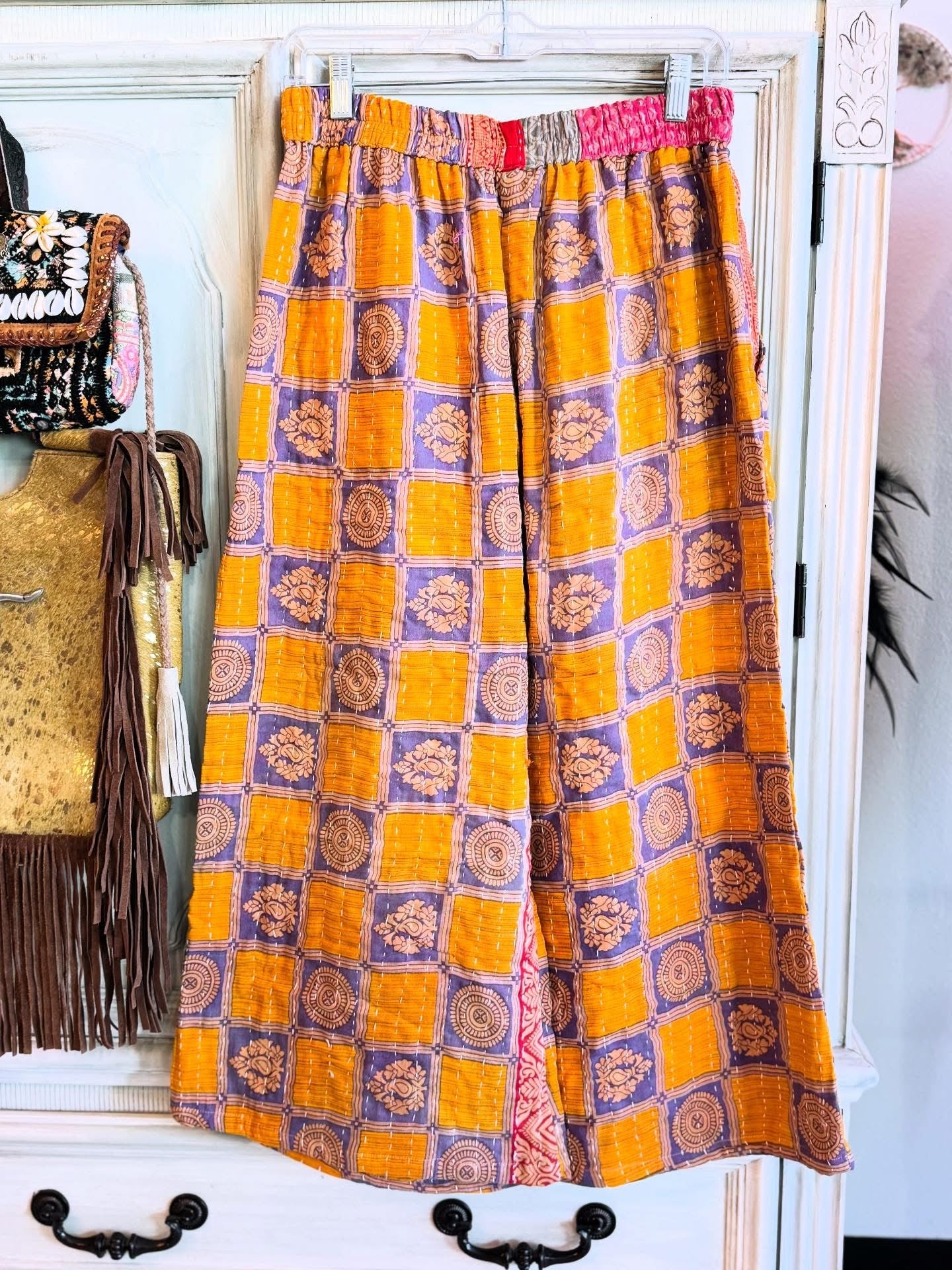 Saffron Squares – Handmade Kantha Cotton Pants | Wide Leg Boho Trousers