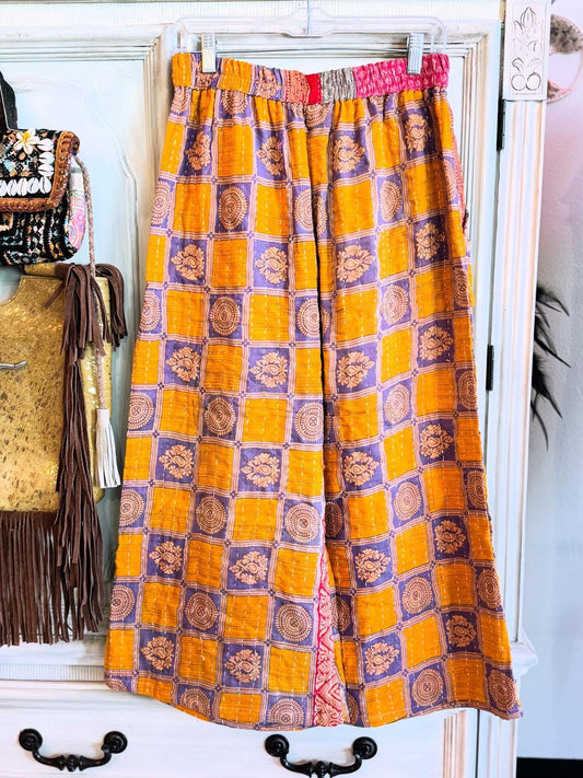 Saffron Squares – Handmade Kantha Cotton Pants | Wide Leg Boho Trousers