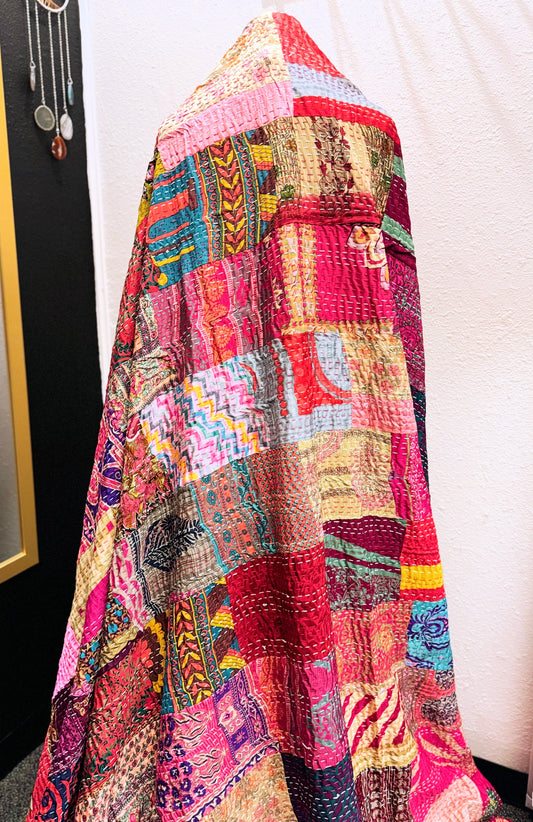 Silk Patchwork Kantha Quilt - Pink- Handmade | Silk | Cotton | Queen | King