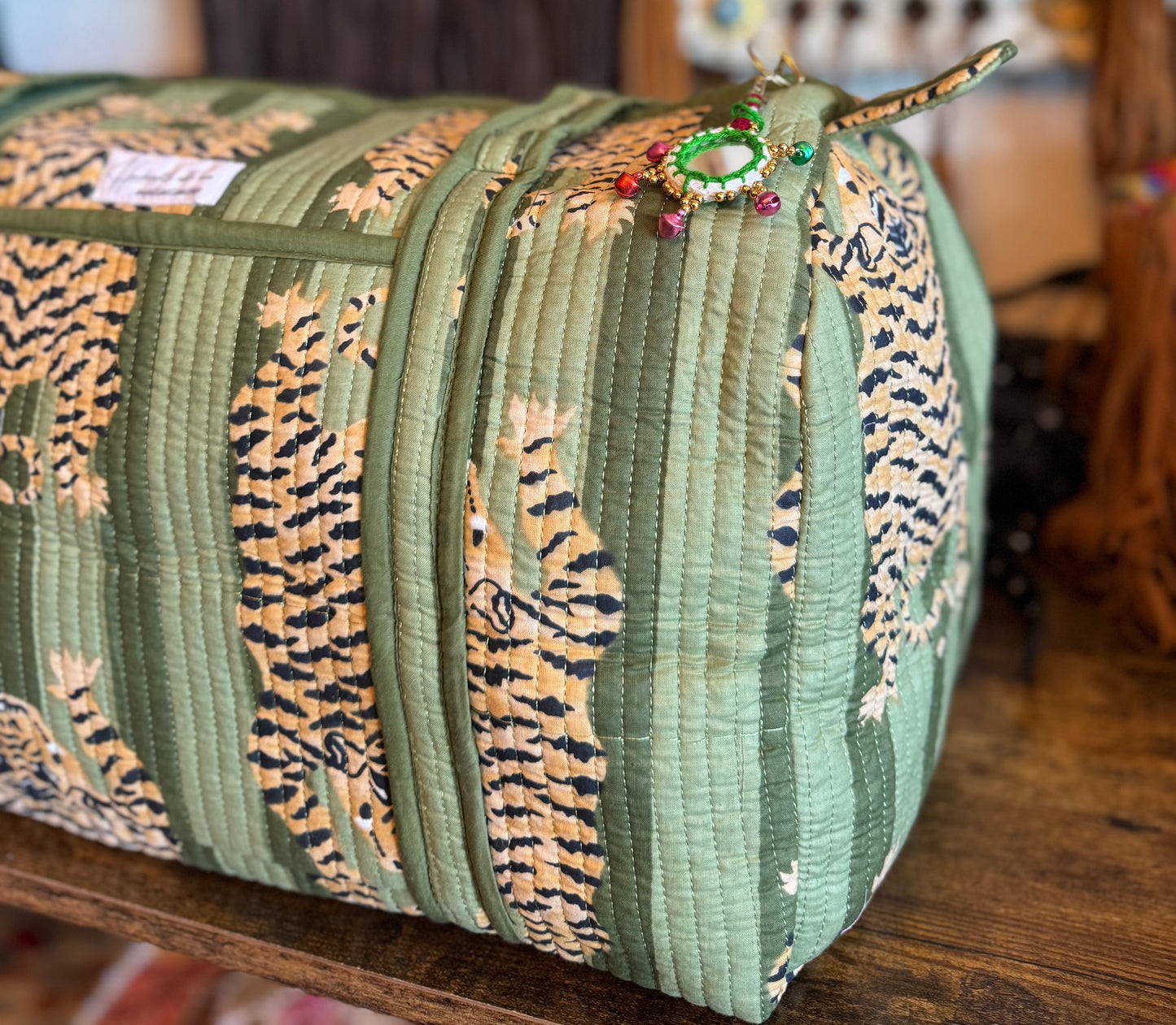 Handmade Quilted Weekender Bag – Tiger Print Travel Duffel - Green