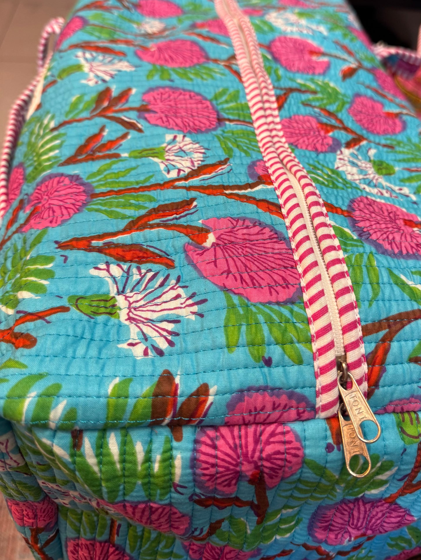 Handmade Quilted Weekender Bag – Blue Floral Print Travel Duffel