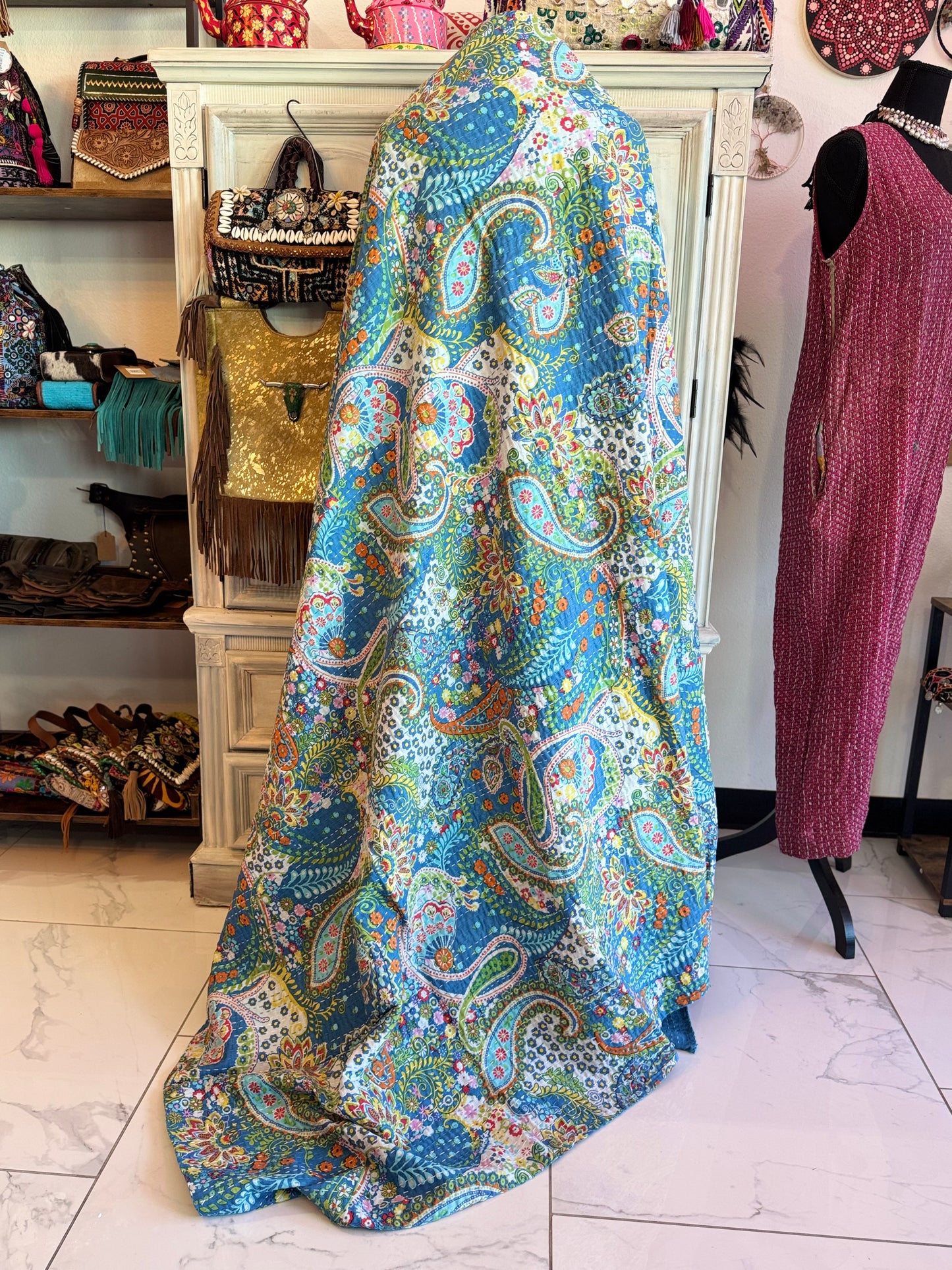 Paisley Garden – Blue – Handblock Printed Kantha Quilt | Cotton | Handmade