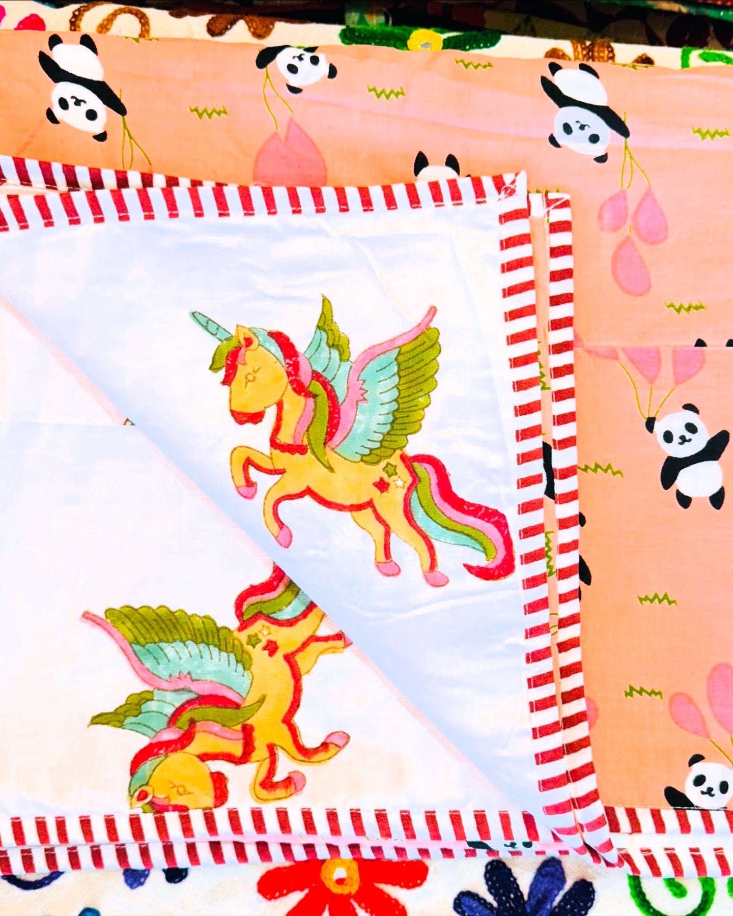 Reversible Cotton Dohar – Unicorn & Panda | Handmade Toddler Blanket