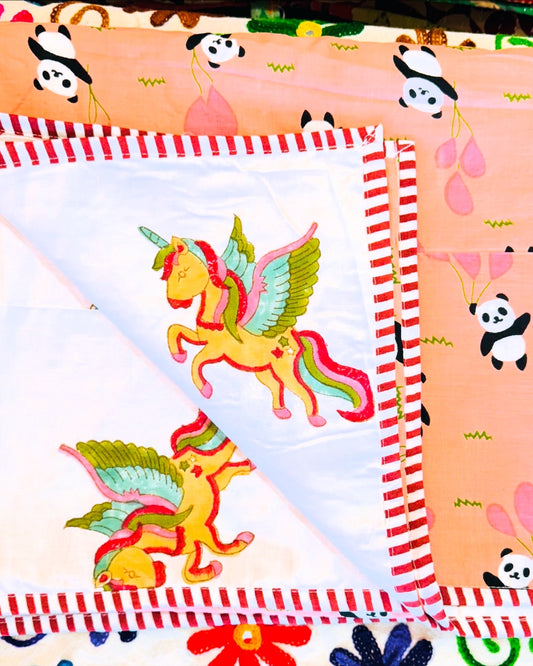 Reversible Cotton Dohar – Unicorn & Panda | Handmade Toddler Blanket