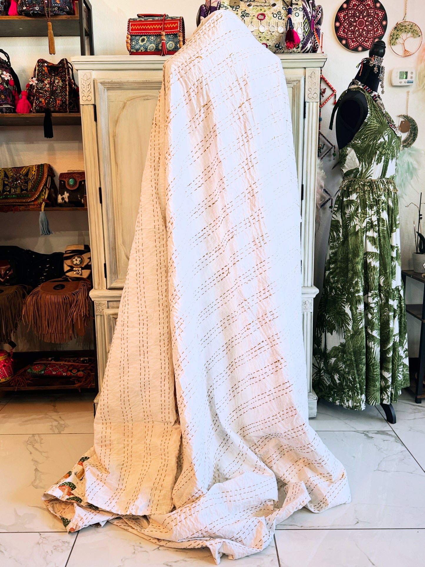 Mushroom Forest Kantha Quilt - 100% Cotton Handmade Blanket | Handblock Print Bedspread (90x110)