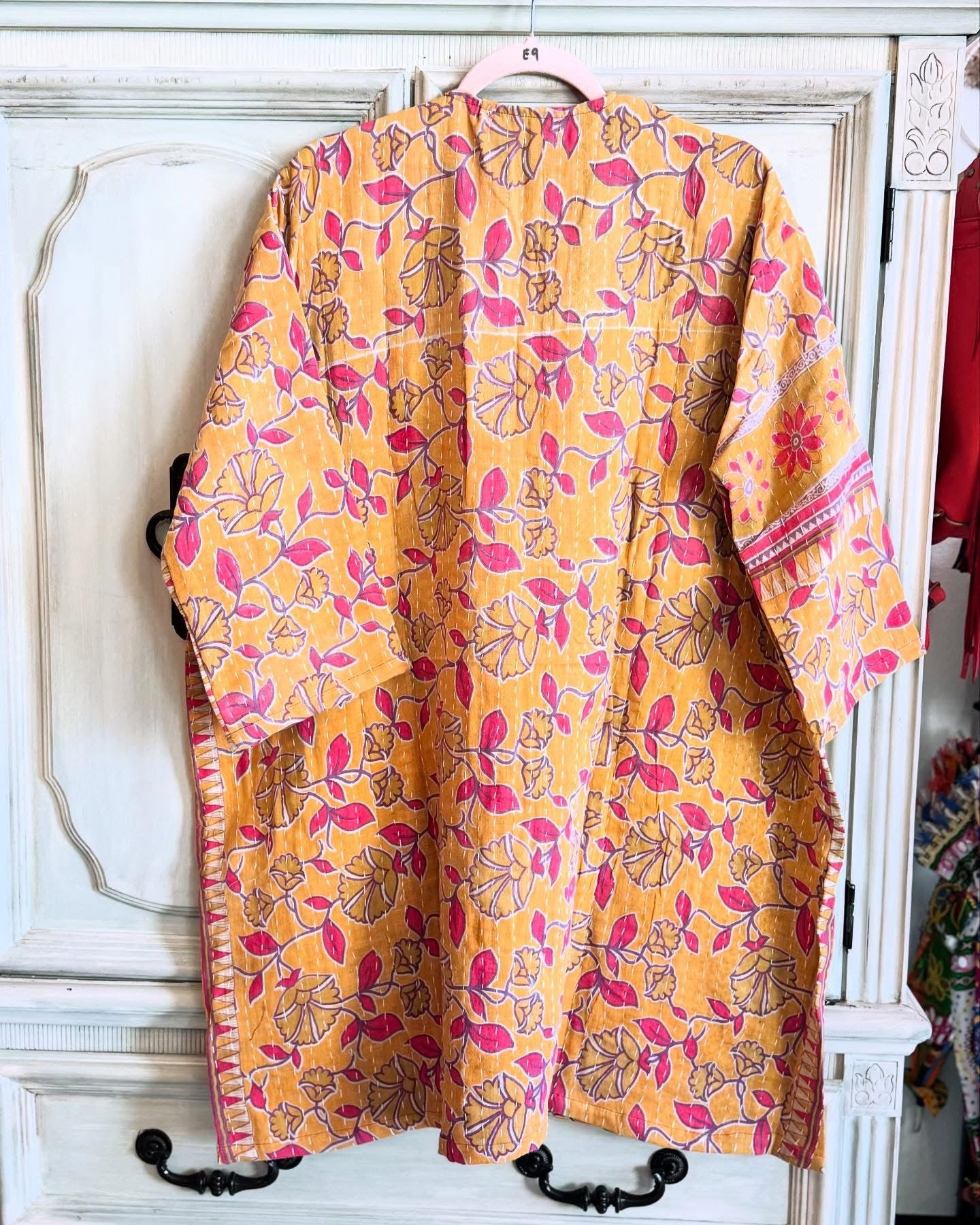 Yellow floral saree quilt on the backside of kantha kimono