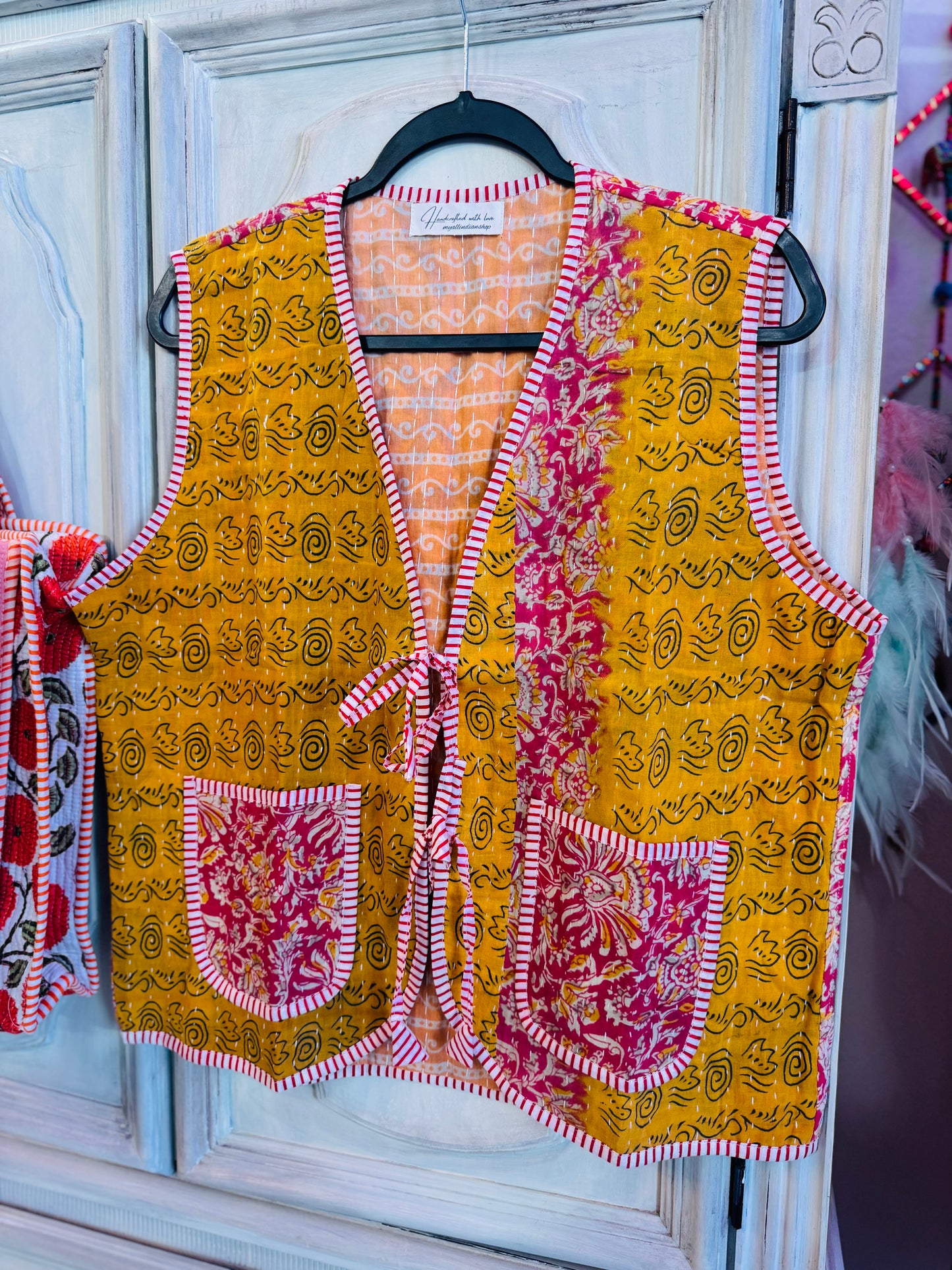 Handmade Reversible Kantha Vest – Saffron | 100% Cotton Jacket