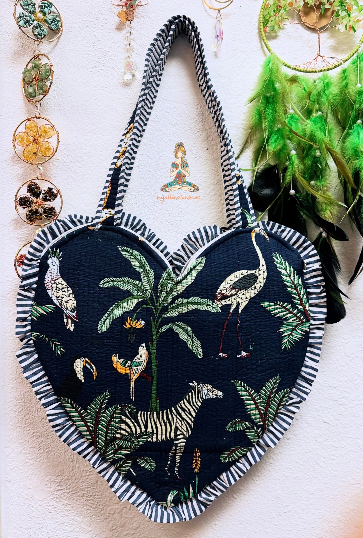 Heart Quilted Tote- Jungle Print- Navy Blue - Zipper - Pocket