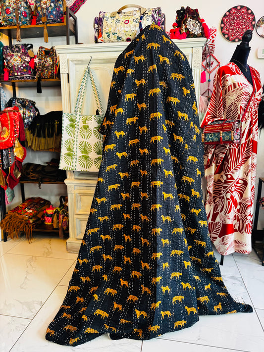 Golden Prowl – Black Cheetah Handblock Printed Kantha Quilt | 100% Cotton | Handmade