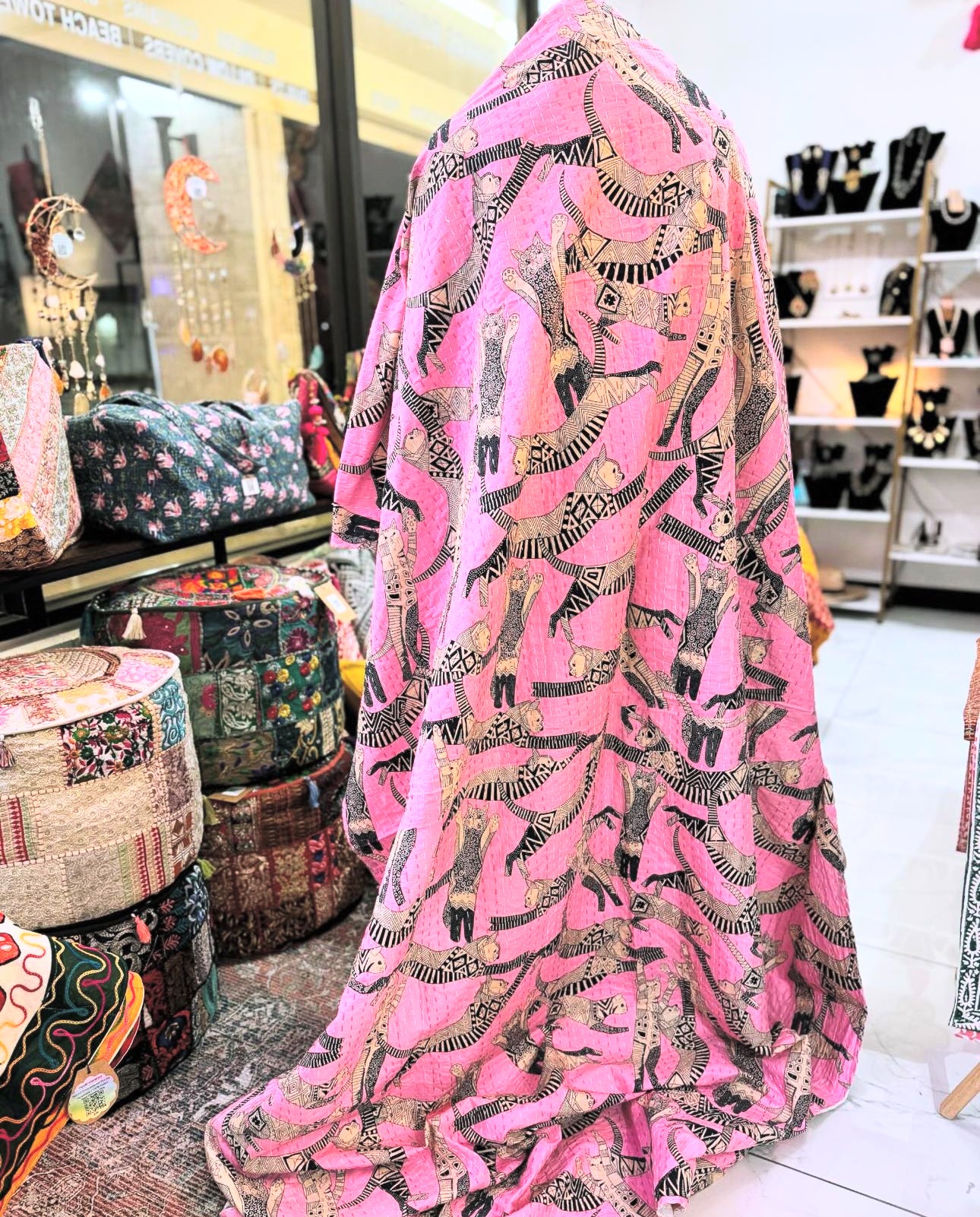 Stretchy Cats – Pink – Handblock Printed Kantha Quilt | Cotton | Handmade