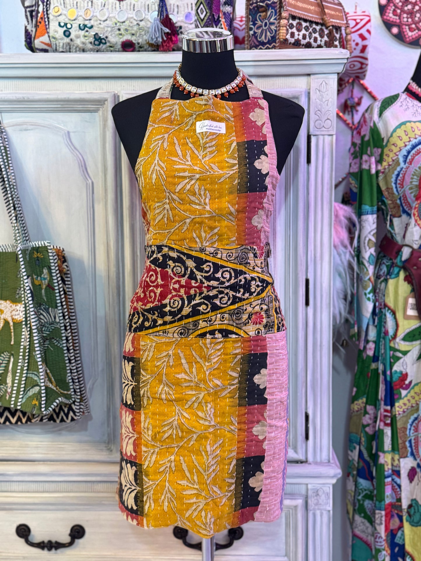 Ocean Drift Cotton Kantha Apron | Handmade | Reversible | 6 Pockets