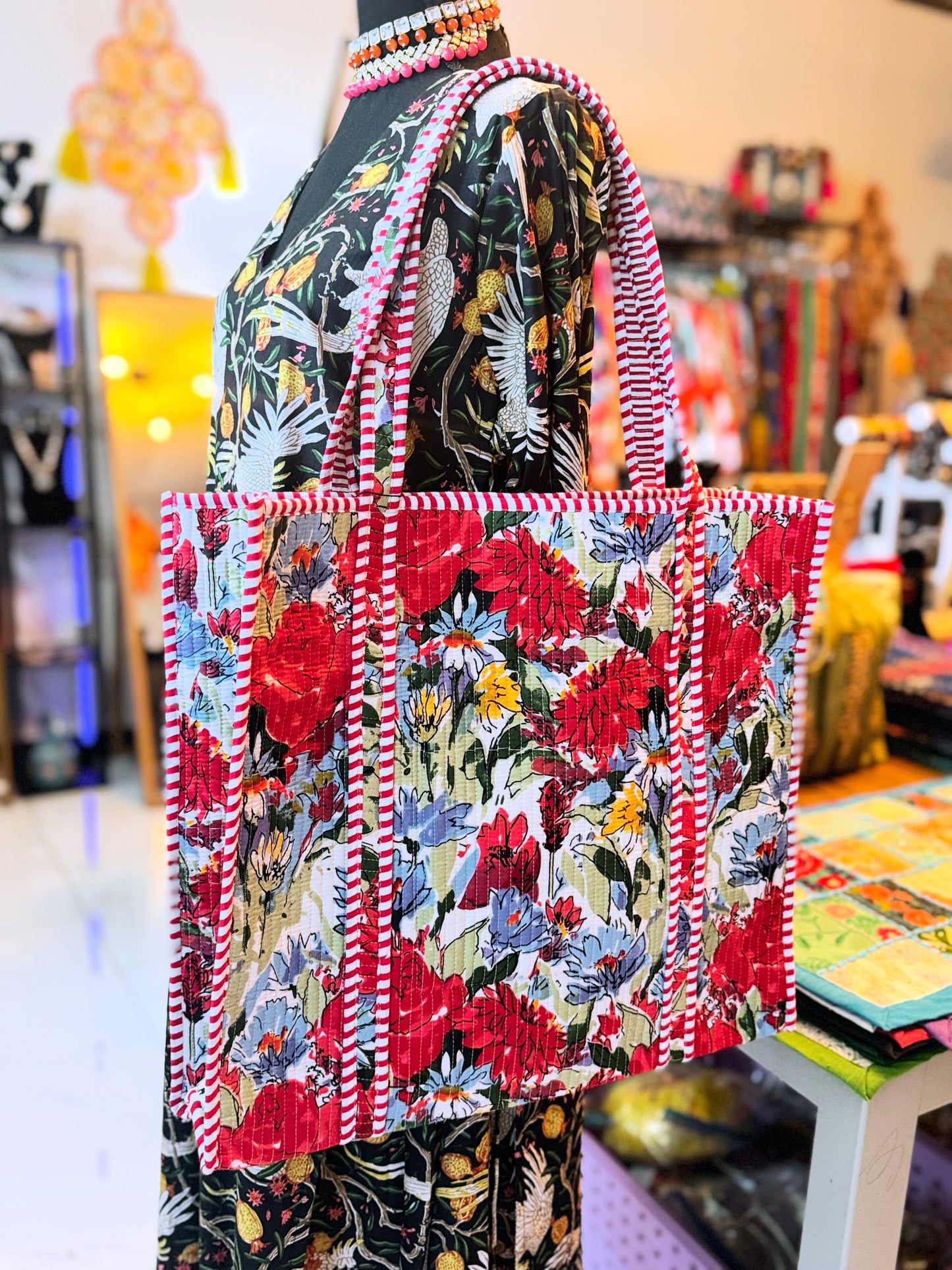 Crimson Wildflower Meadow Quilted Tote – Red Floral Print Cotton Tote Bag, Hand Block Printed, Large Reversible Shopper with Pocket
