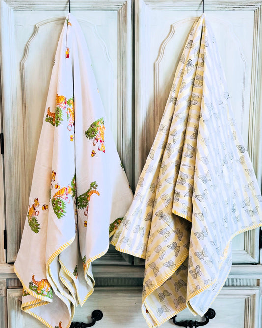 Reversible Cotton Dohar – Tigers & Butterflies | Handmade Toddler Blanket