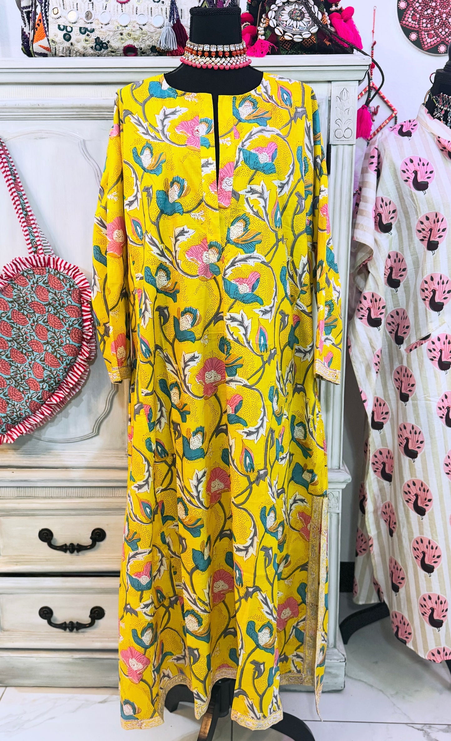 Golden Marigold Hand Block Print Cotton Maxi Dress – Women’s Long Sleeve Dress with Pockets