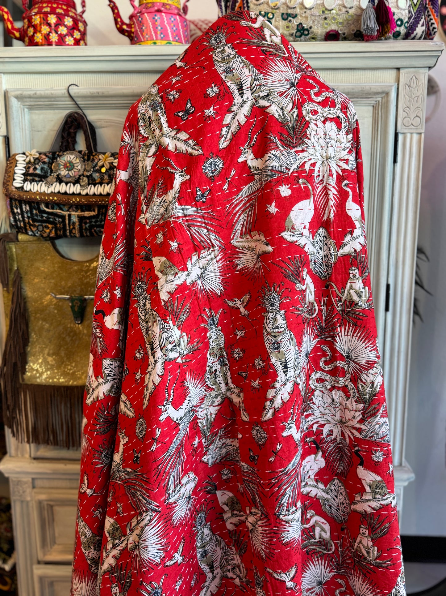 Jungle Print- Red- Handblock Printed Kantha Quilt | Cotton | Handmade