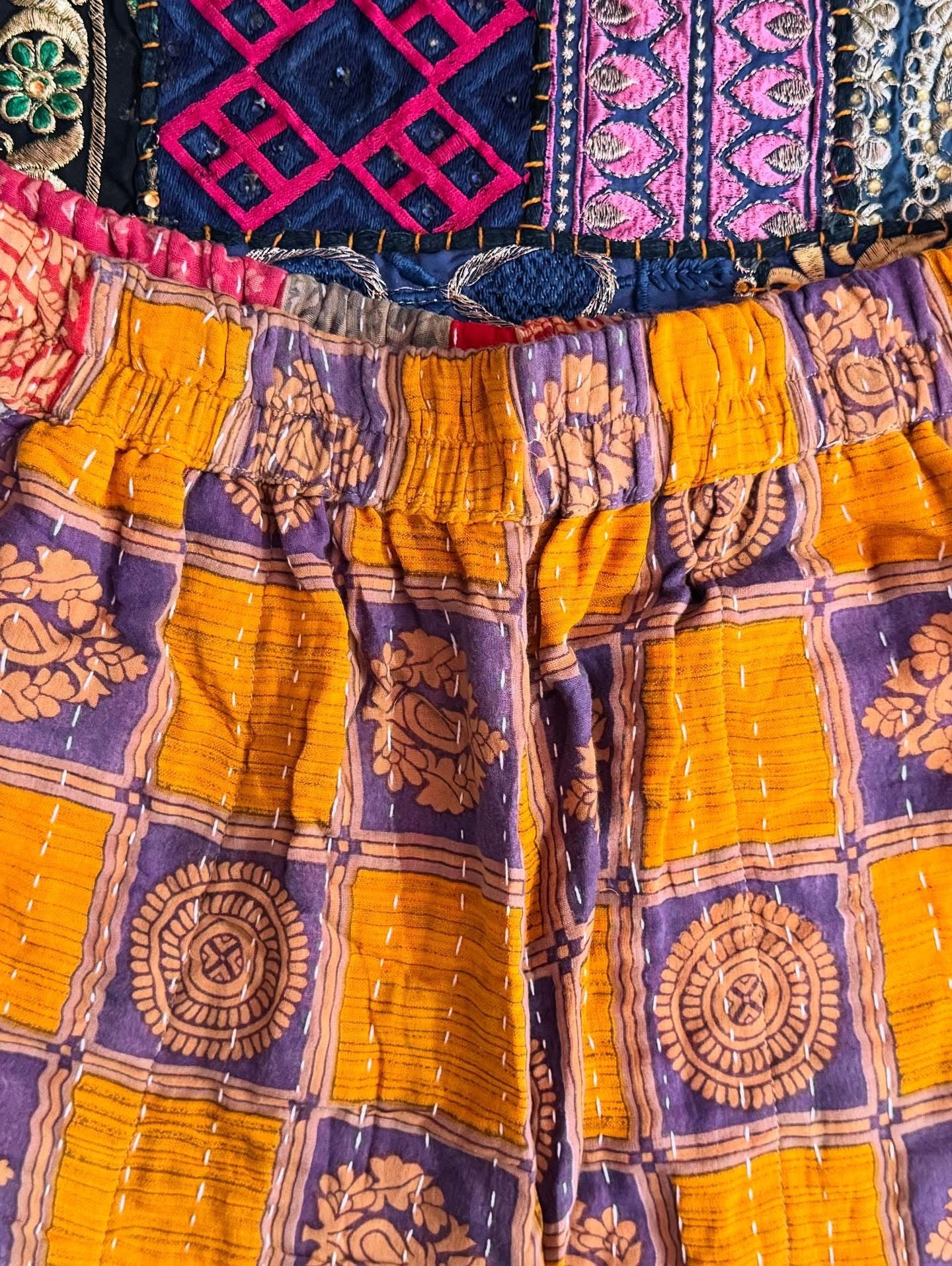 Saffron Squares – Handmade Kantha Cotton Pants | Wide Leg Boho Trousers