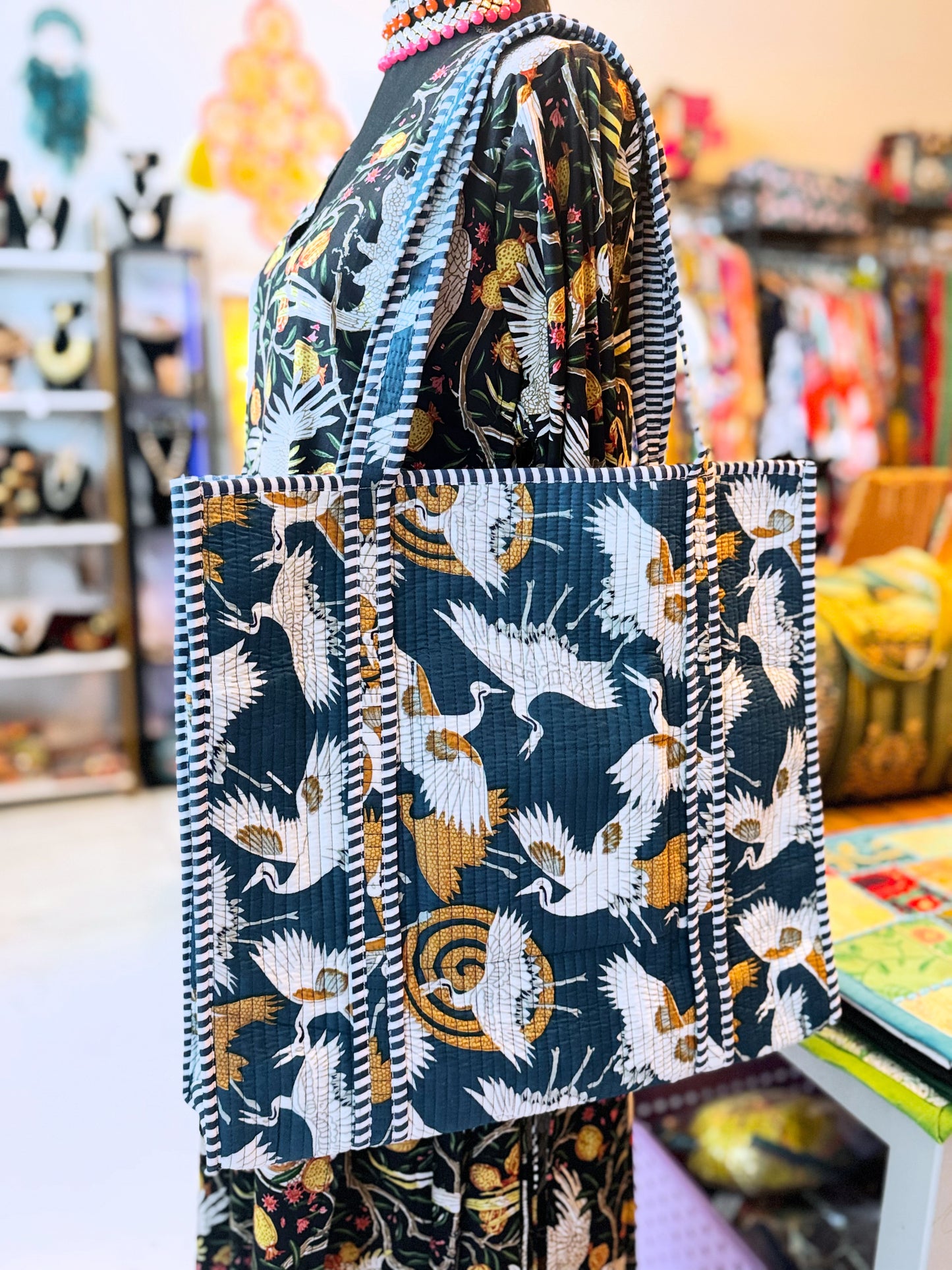 Azure Crane Flight Quilted Tote – Blue Crane Print Cotton Tote Bag, Hand Block Printed, Large Reversible Shopper with Pocket