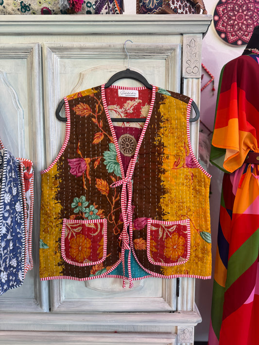 Handmade Reversible Kantha Vest – Garden | 100% Cotton Jacket