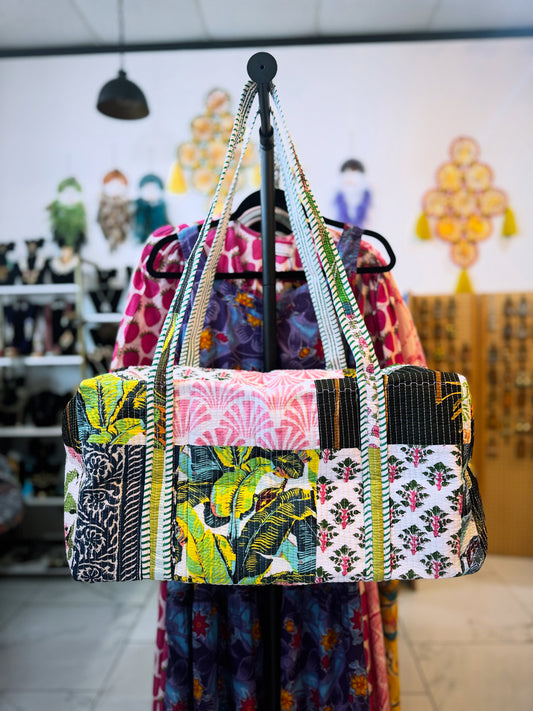 Tropical Palm Patchwork Quilted Duffel Bag – Handmade Botanical Block Print Cotton Weekender Bag