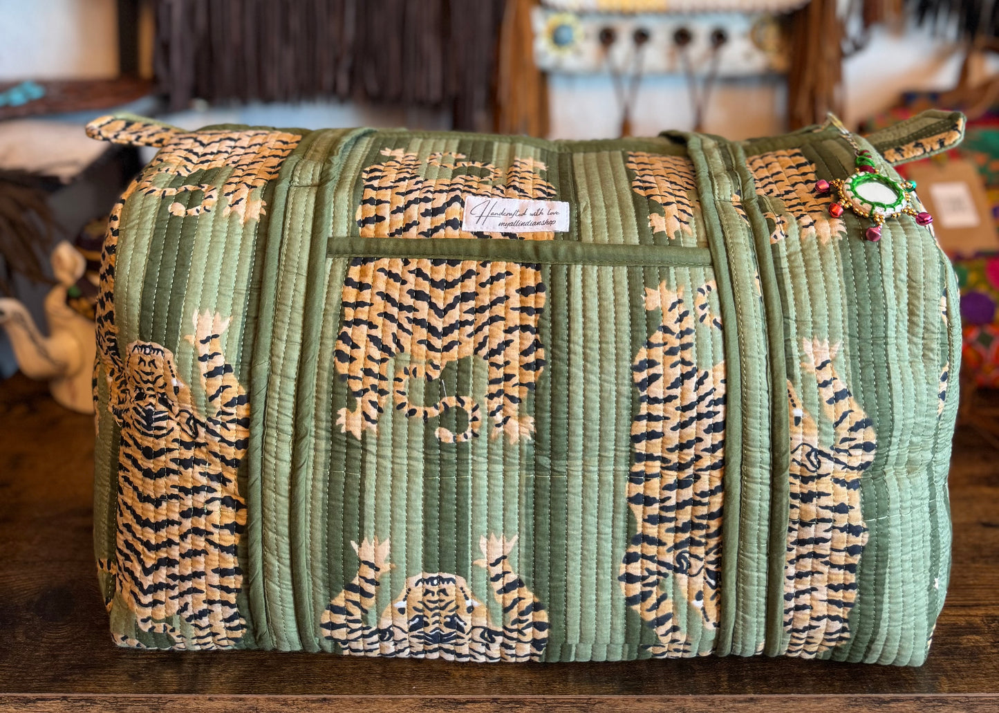 Handmade Quilted Weekender Bag – Tiger Print Travel Duffel - Green