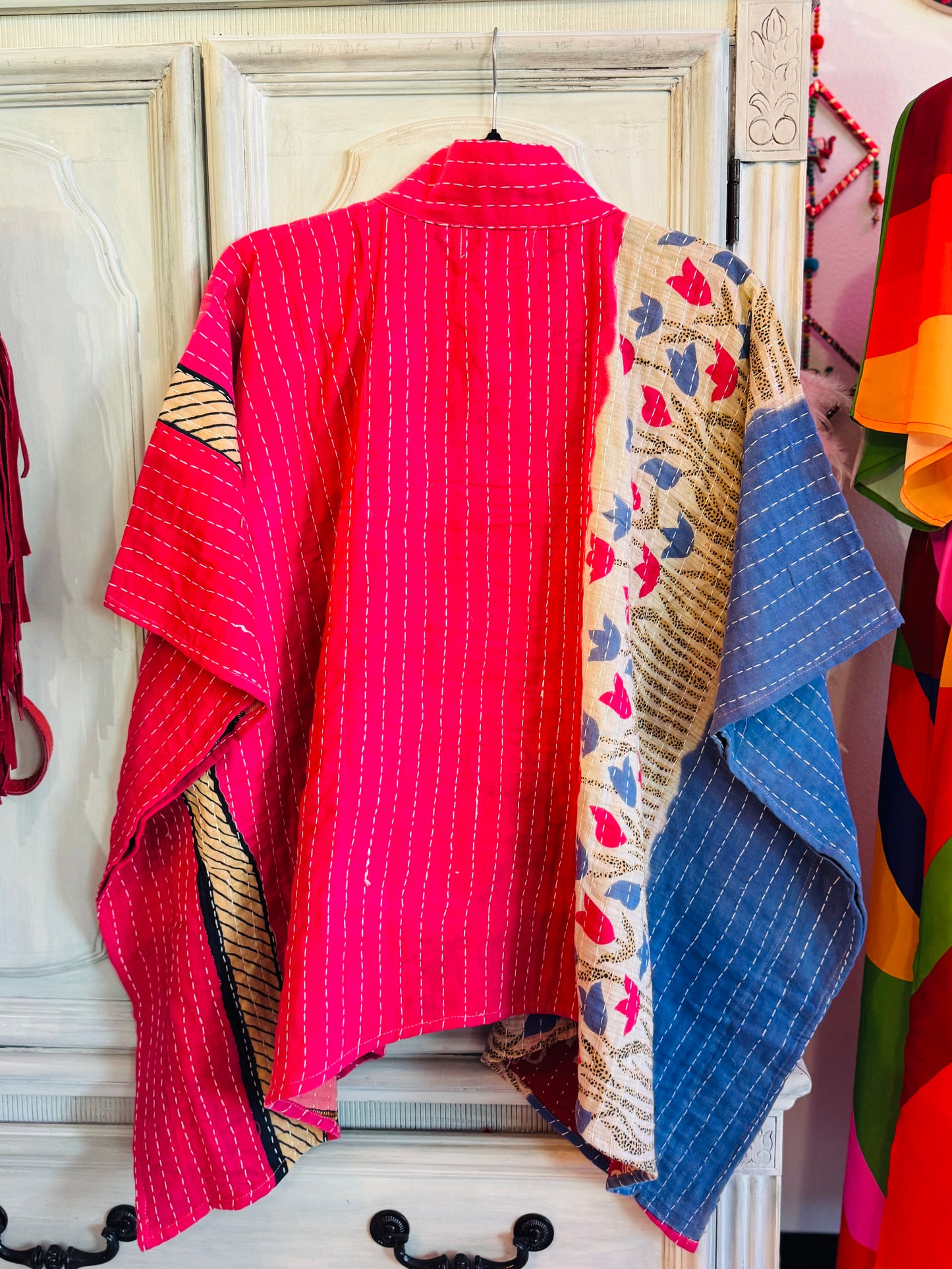 Handmade Kantha Poncho – Crimson Flight | Unisex | 100% Cotton Boho Top