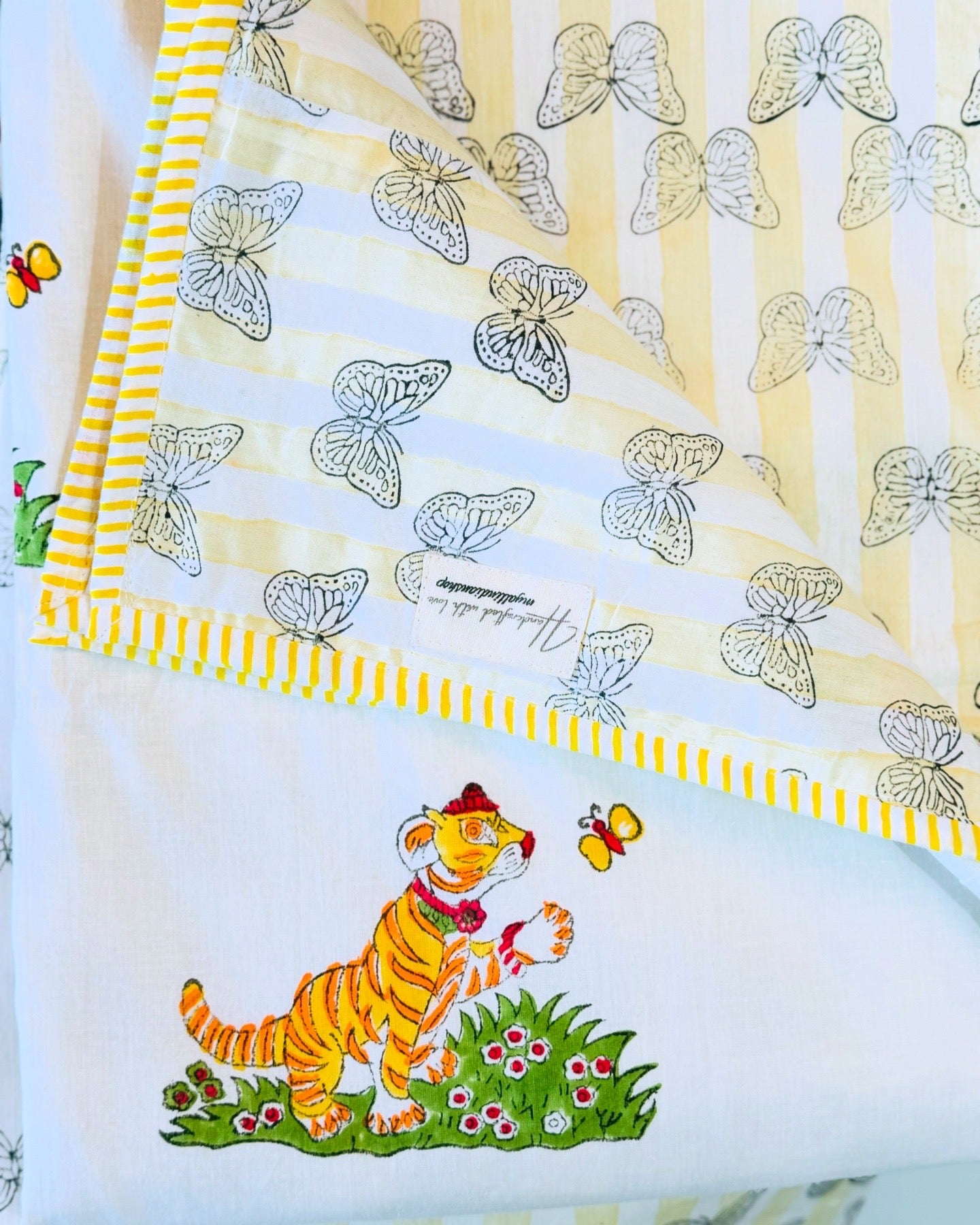 Reversible Cotton Dohar – Tigers & Butterflies | Handmade Toddler Blanket