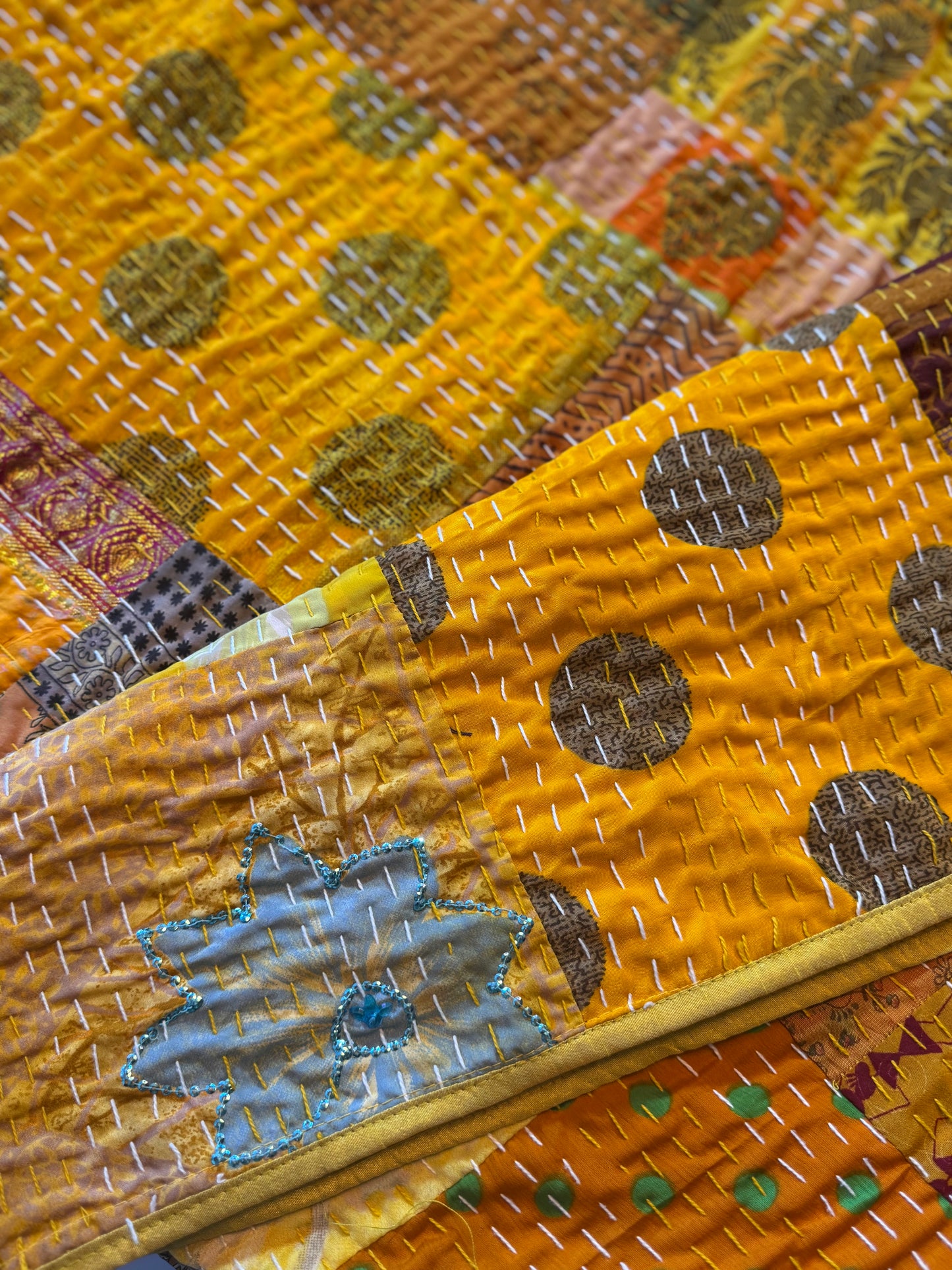 Silk Patchwork Kantha - Yellow- Queen/ King
