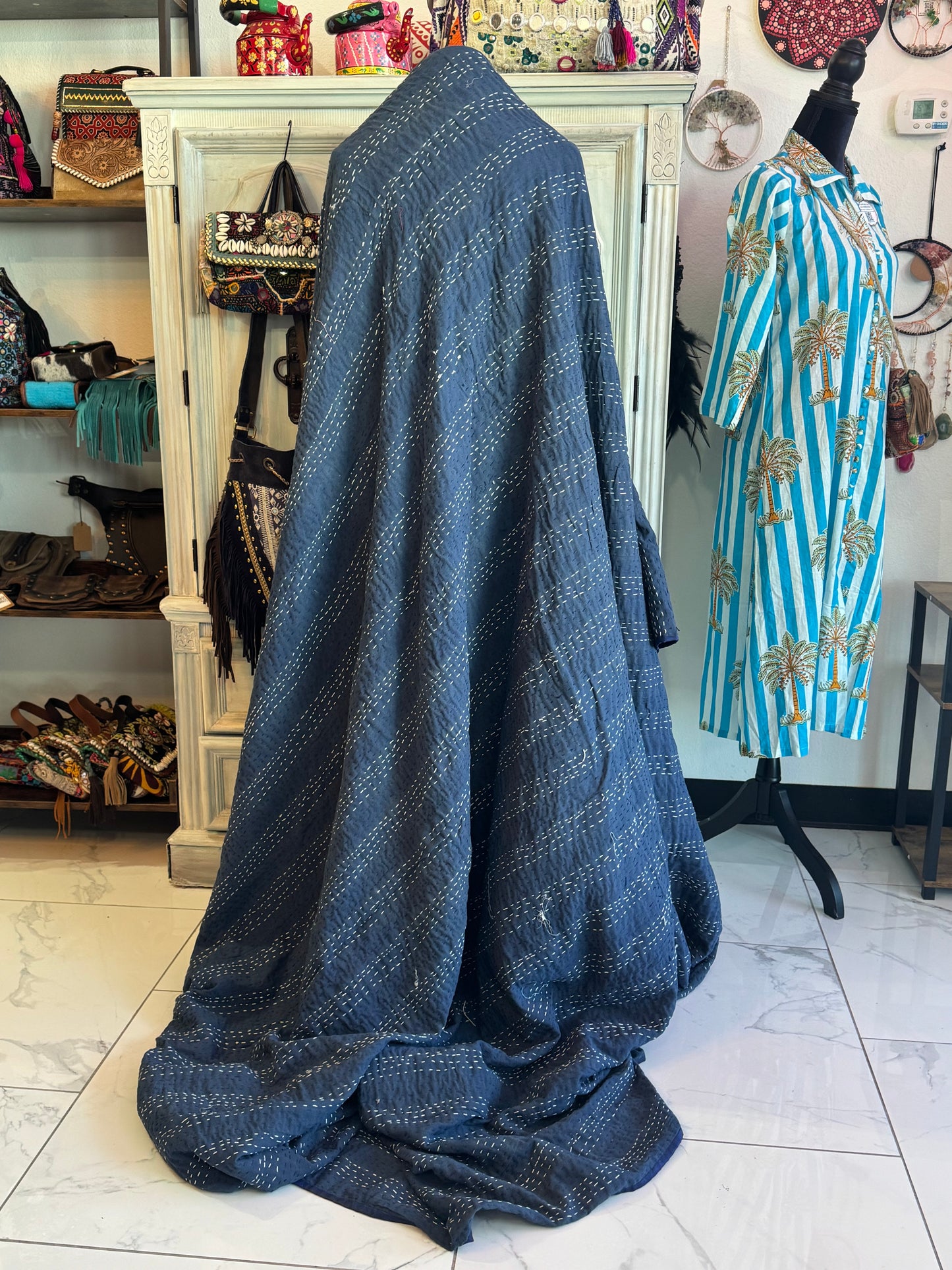 Solid greyish blue 100% cotton backing for Blue silk patchwork quilt