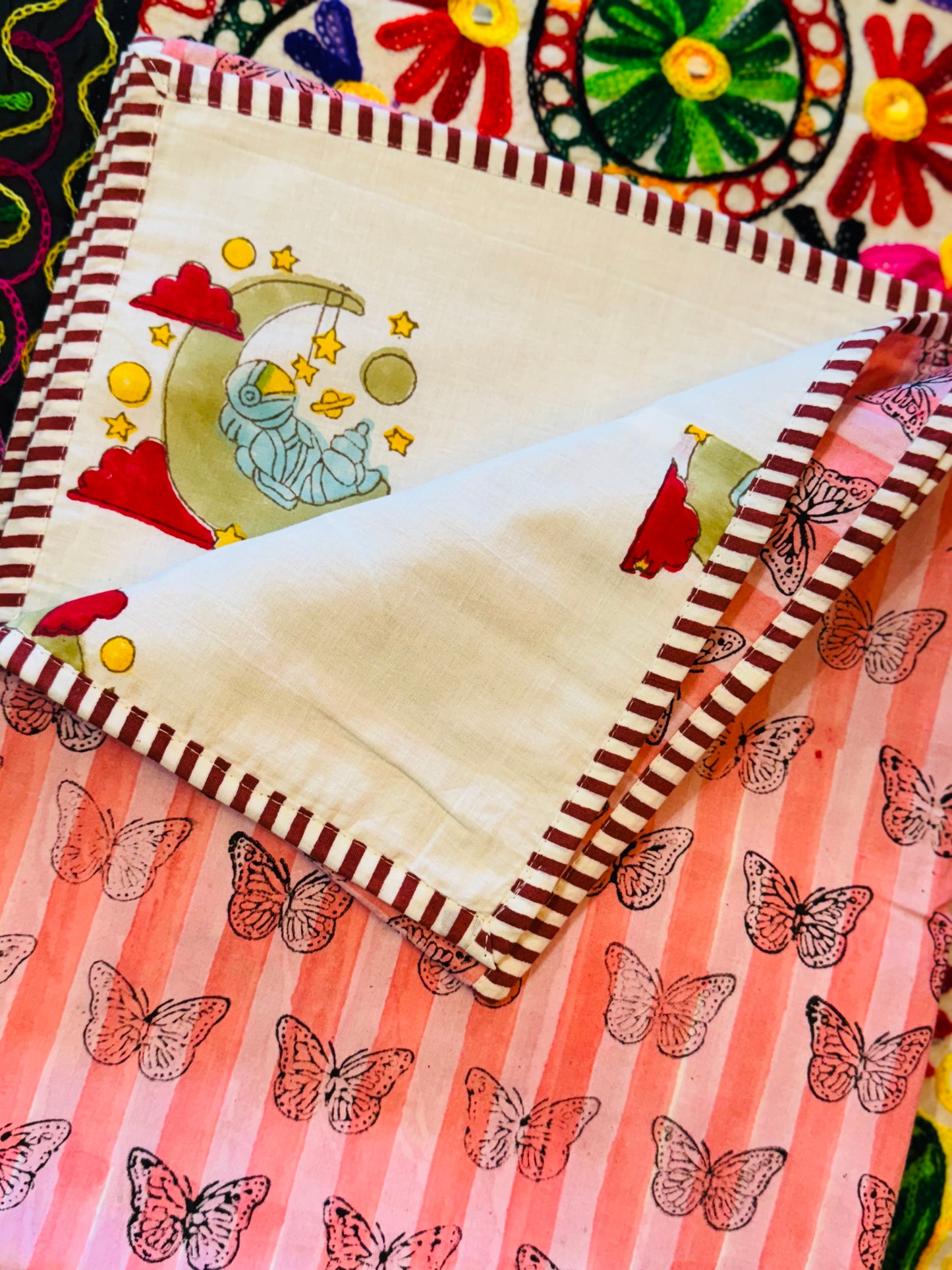 Reversible Cotton Dohar – Astronaut & Butterflies | Handmade Toddler Blanket