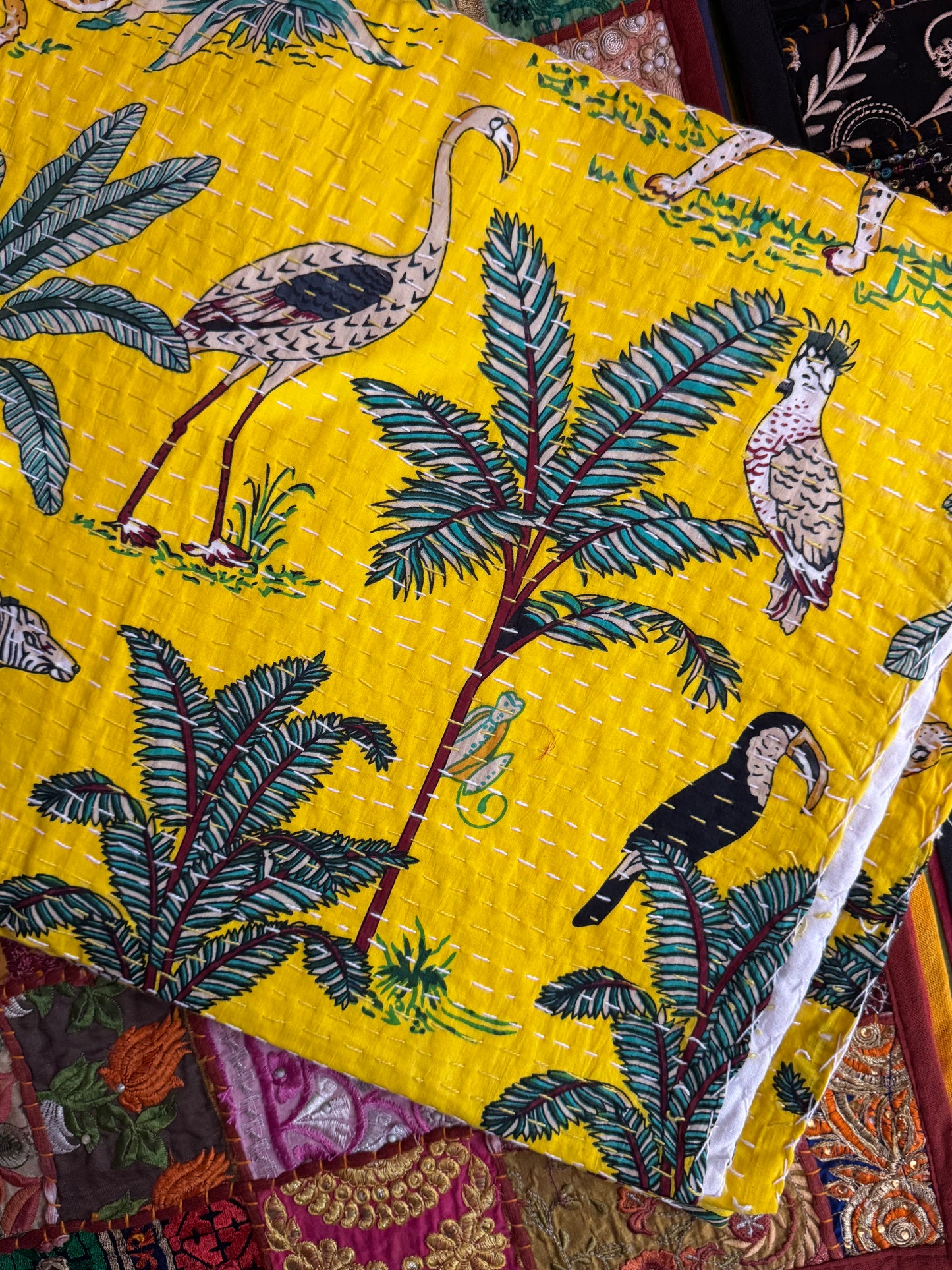 Jungle Print- Yellow- Handblock Printed Kantha Quilt | Cotton | Handmade