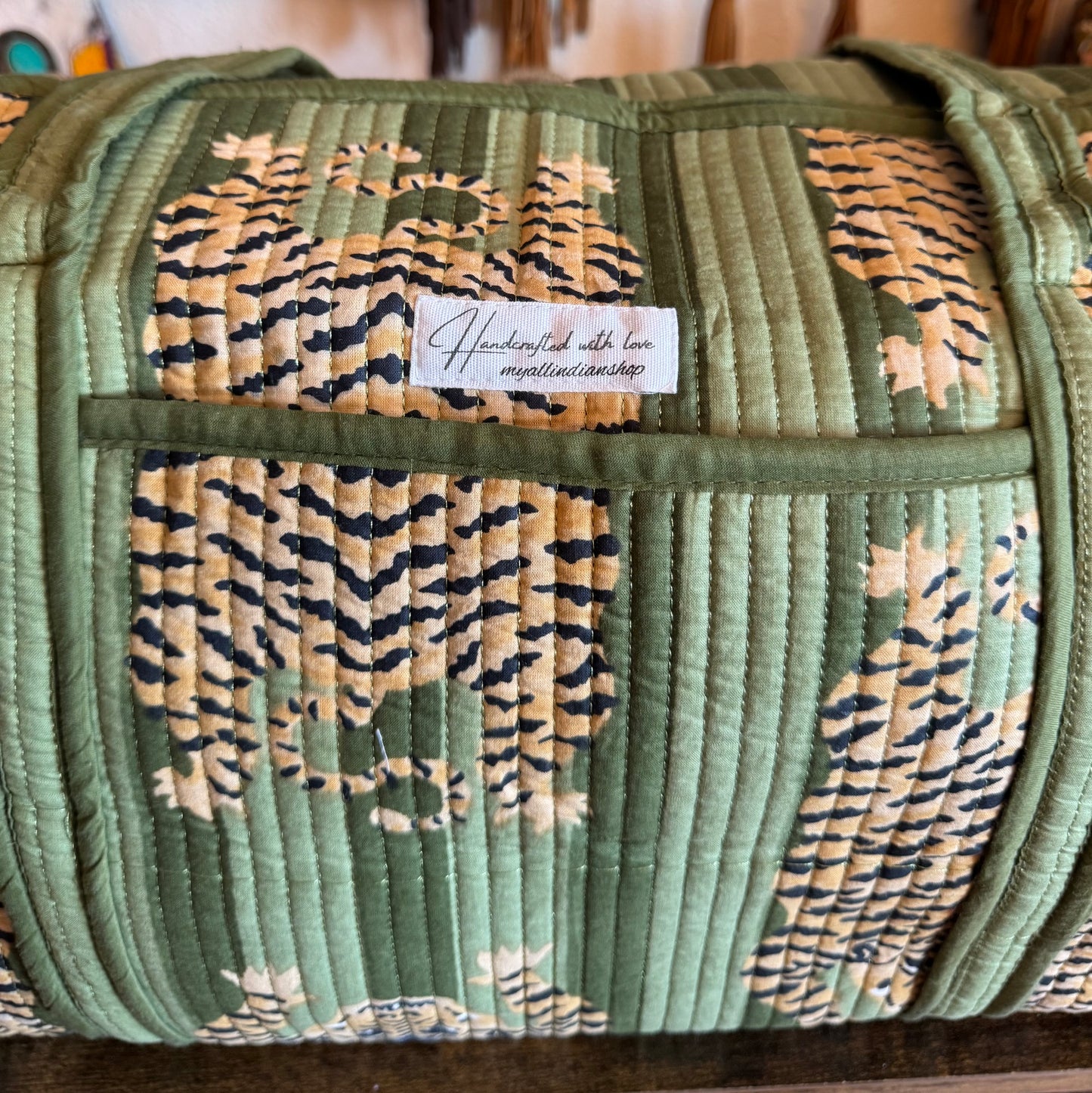 Handmade Quilted Weekender Bag – Tiger Print Travel Duffel - Green