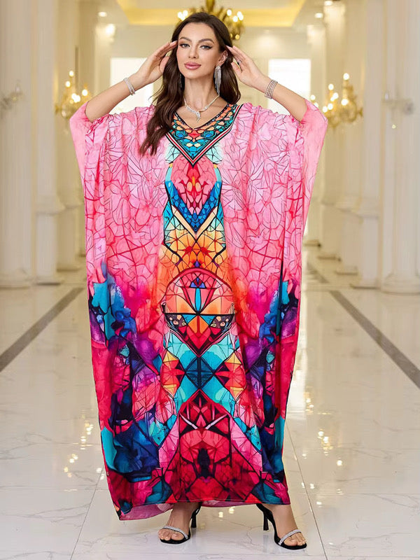 Pink Geometric Luxe Kaftan – Soft, Flowing, One-Size Resort Wear