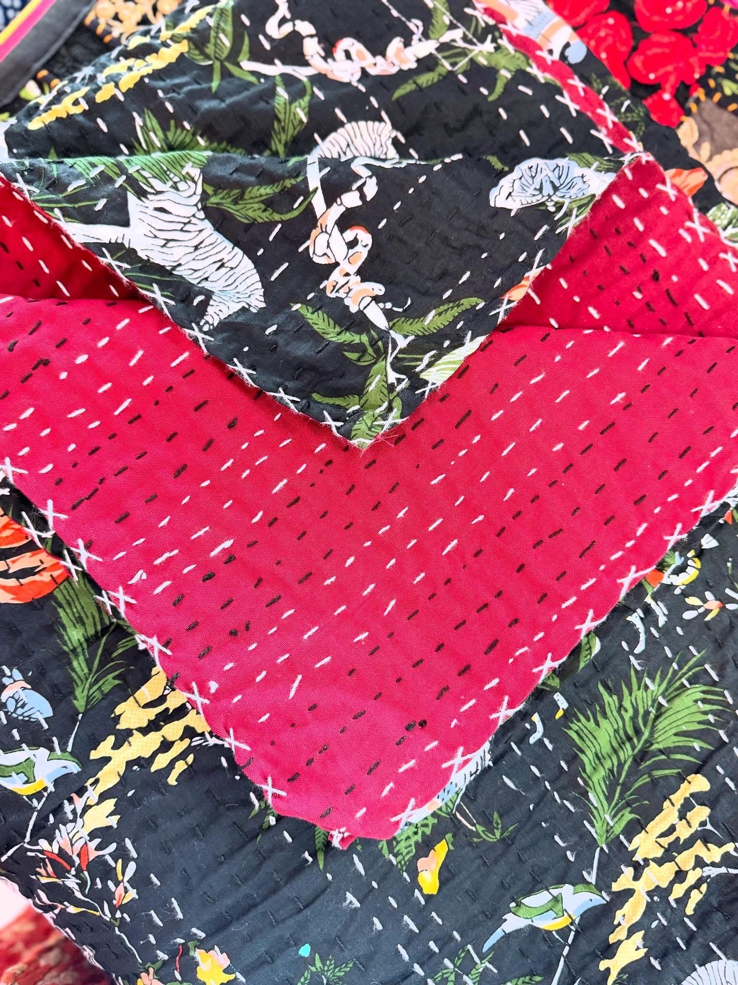 Beasts & Wings - Handblock Printed Kantha Quilt – 100% Cotton | Handmade