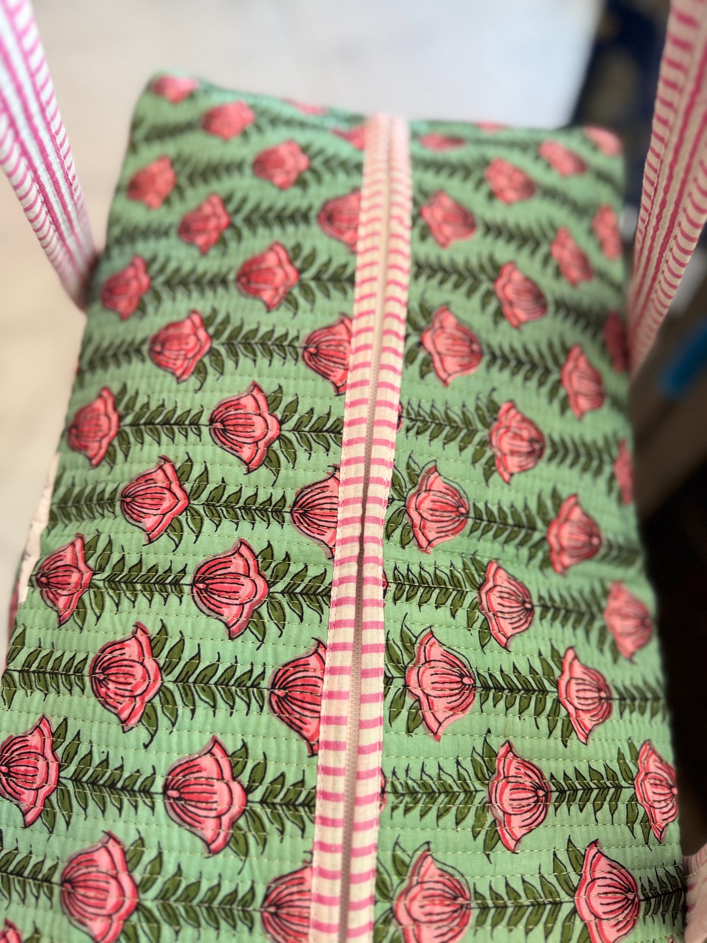 Handmade Quilted Weekender Bag – Pink Floral Block Print – Green