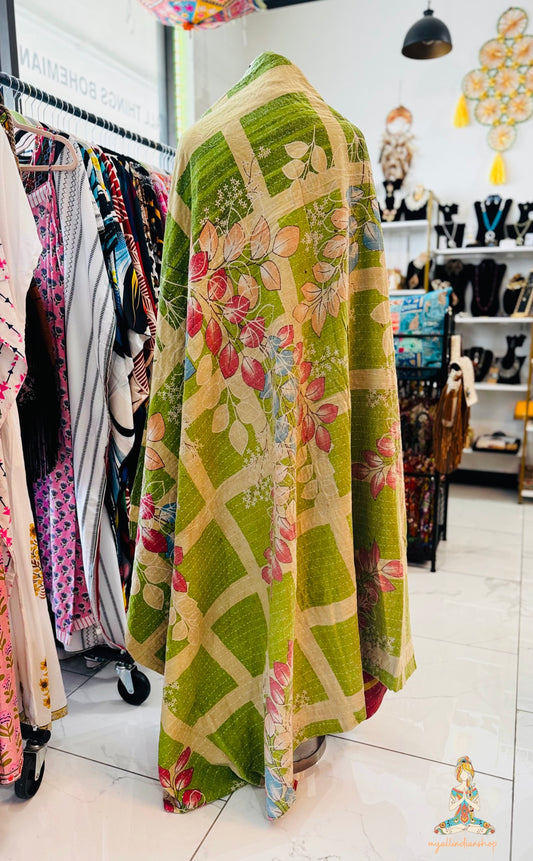 Peacock Feather Saree Kantha Quilt – Twin Size - Throw Blanket
