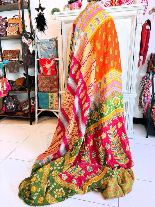 Paisley Saree Kantha Quilt – Handmade Queen Size Blanket