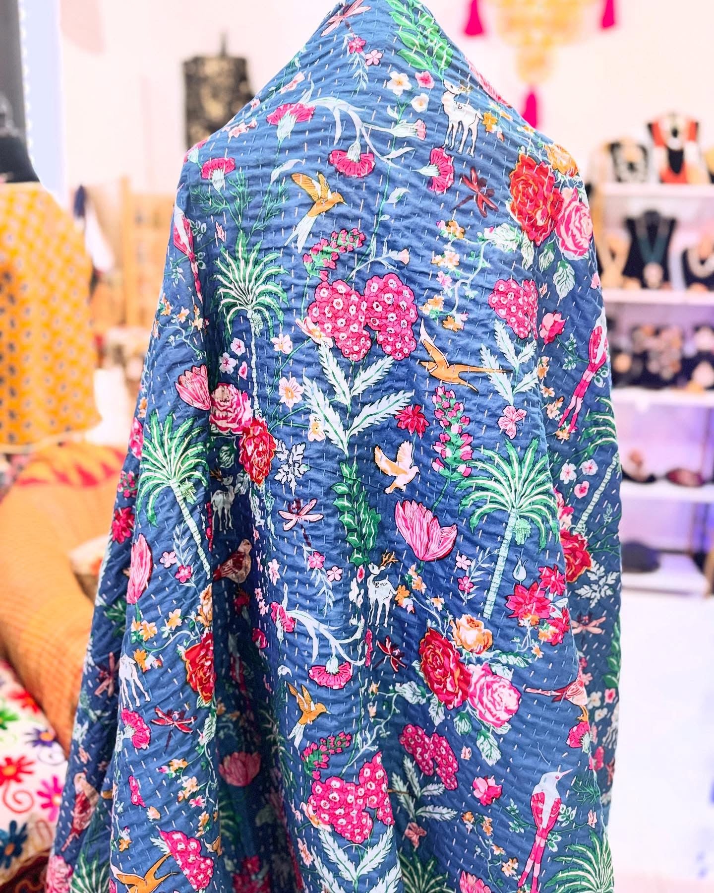 Enchanted Garden – Blue Handblock Printed Kantha Quilt – 100% Cotton | Handmade