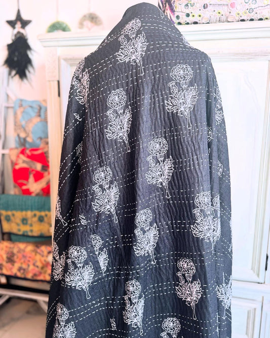 White Flowers- Handblock Printed Kantha Quilt | Cotton | Handmade