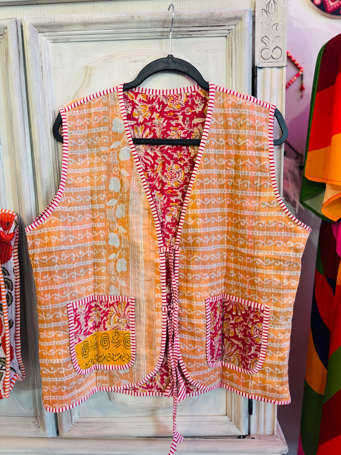Handmade Reversible Kantha Vest – Saffron | 100% Cotton Jacket